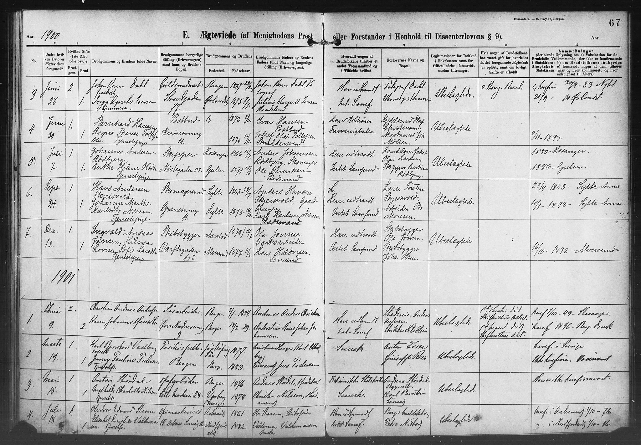 Nykirken Sokneprestembete, SAB/A-77101/H/Haa/L0054: Parish register (official) no. H 3, 1897-1943, p. 67