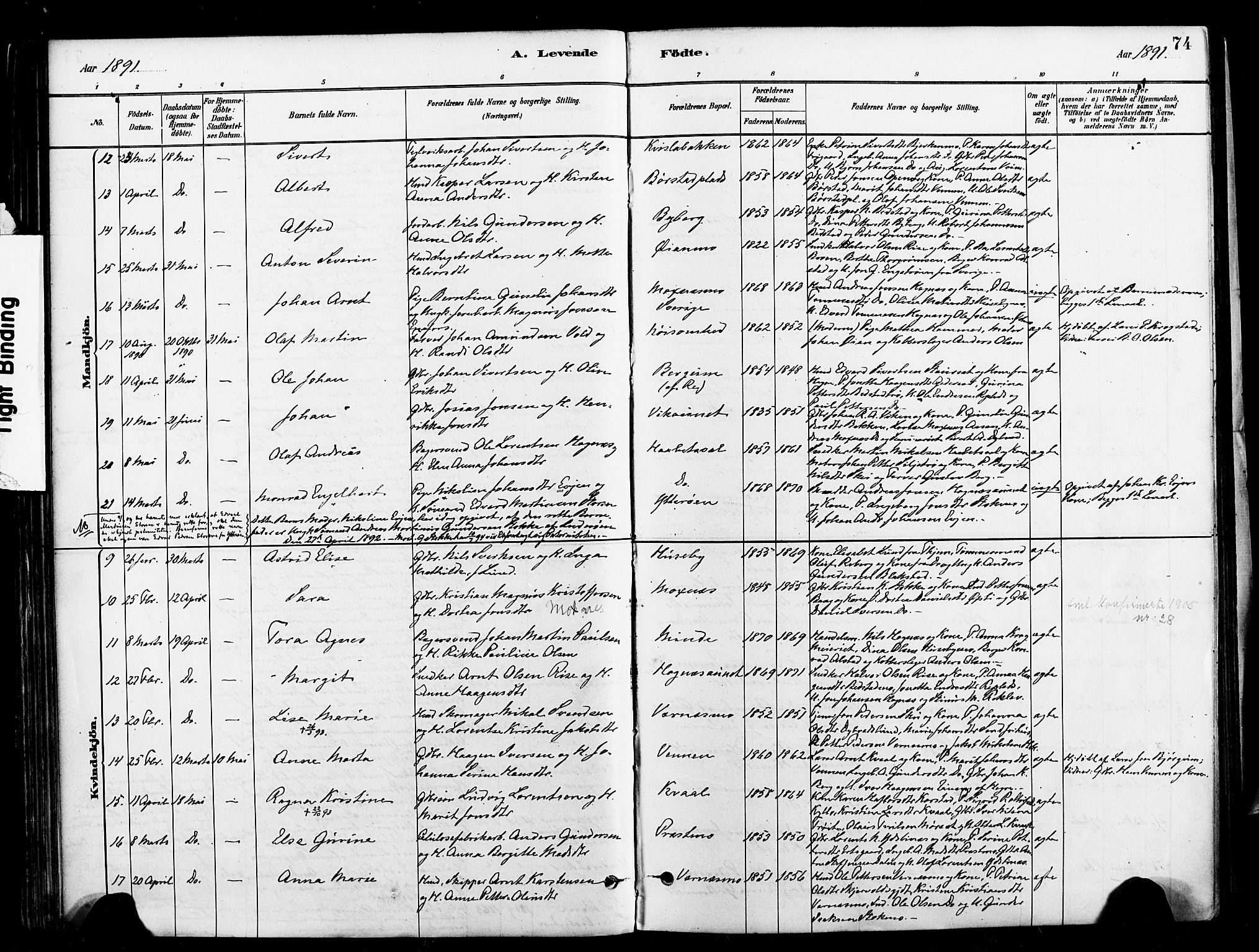 Ministerialprotokoller, klokkerbøker og fødselsregistre - Nord-Trøndelag, AV/SAT-A-1458/709/L0077: Parish register (official) no. 709A17, 1880-1895, p. 74