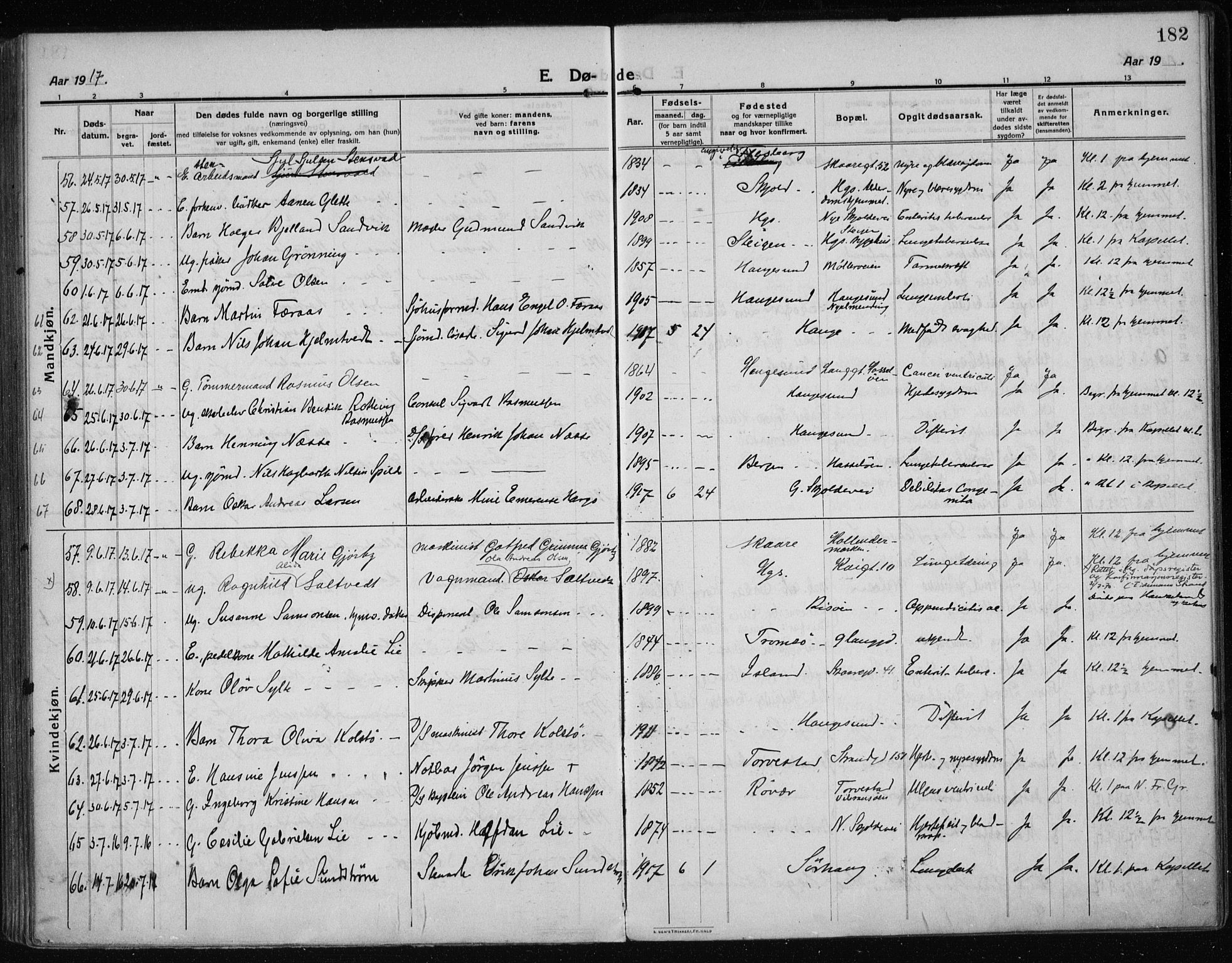 Haugesund sokneprestkontor, AV/SAST-A -101863/H/Ha/Haa/L0009: Parish register (official) no. A 9, 1914-1929, p. 182