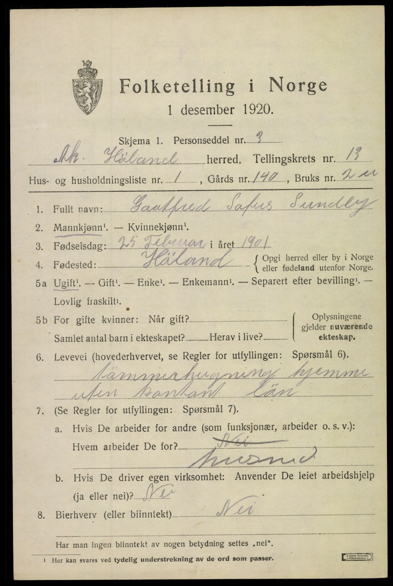 SAO, 1920 census for Høland, 1920, p. 12719