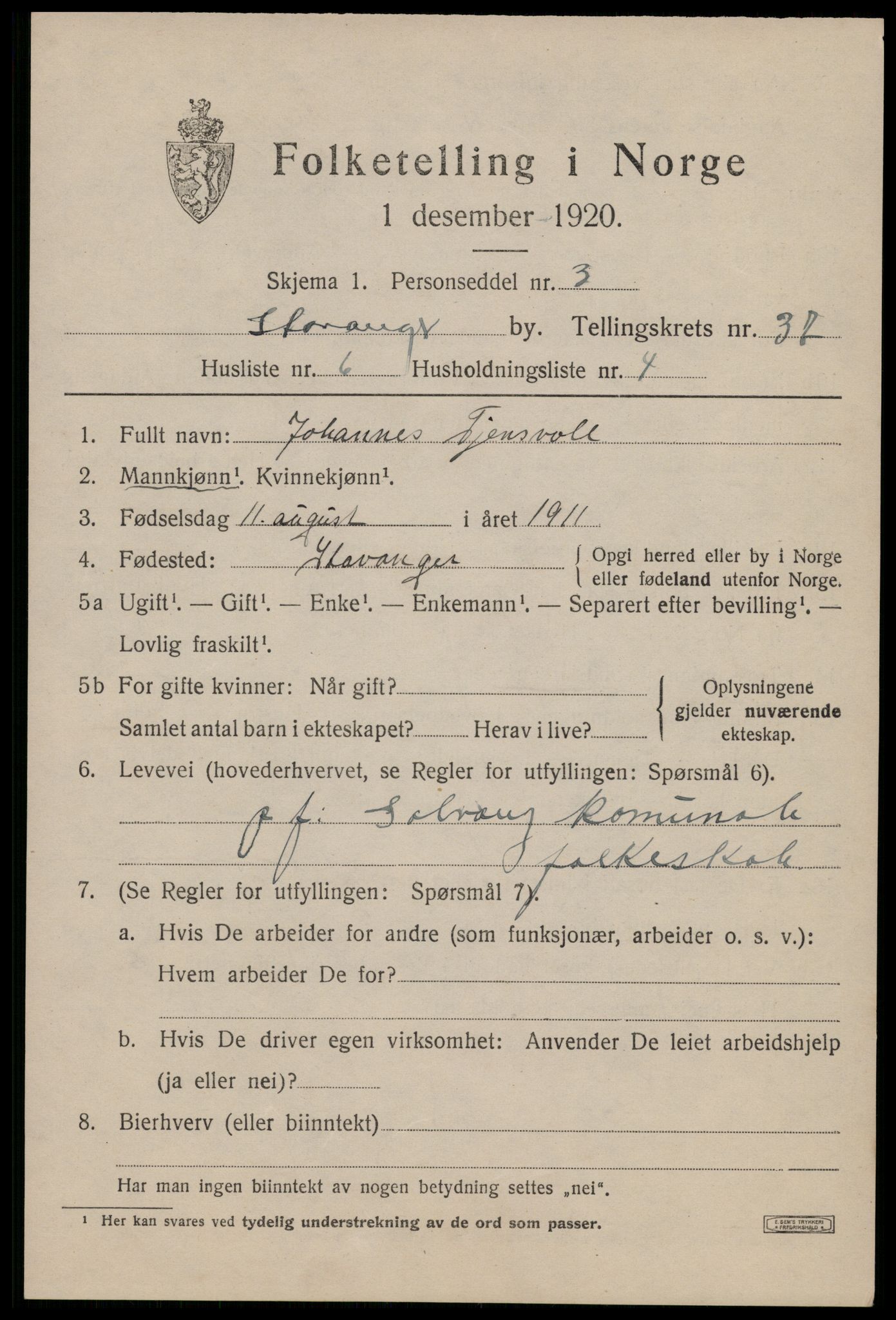 SAST, 1920 census for Stavanger, 1920, p. 97364