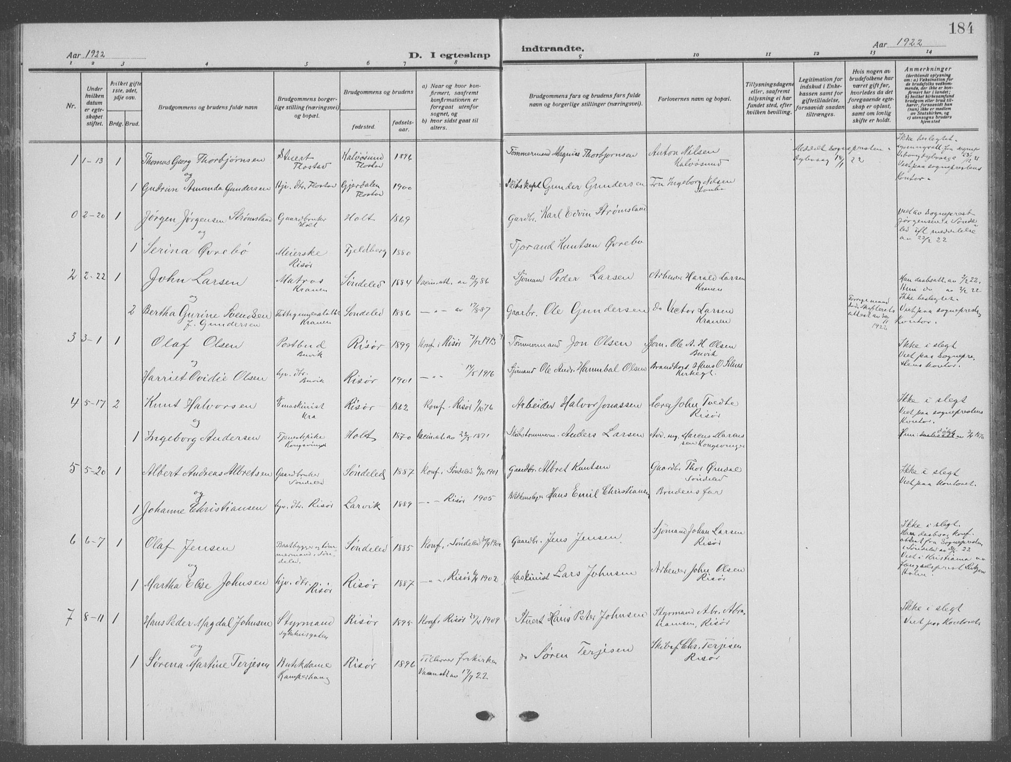 Risør sokneprestkontor, SAK/1111-0035/F/Fb/L0009: Parish register (copy) no. B 9, 1922-1939, p. 184