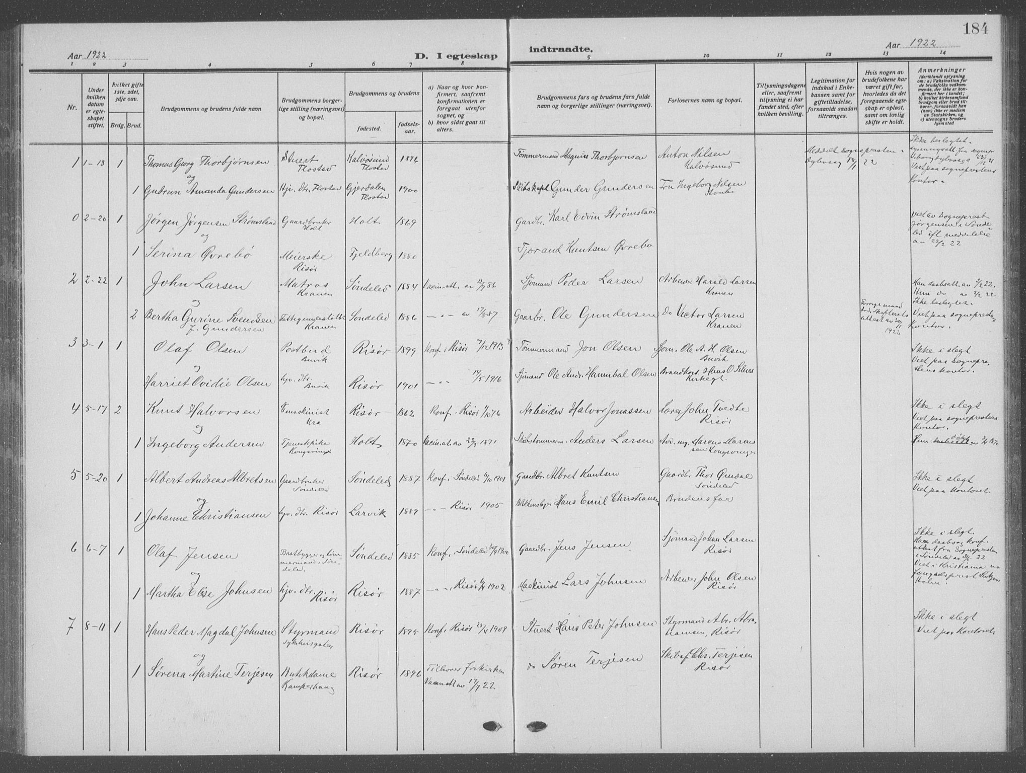 Risør sokneprestkontor, AV/SAK-1111-0035/F/Fb/L0009: Parish register (copy) no. B 9, 1922-1939, p. 184