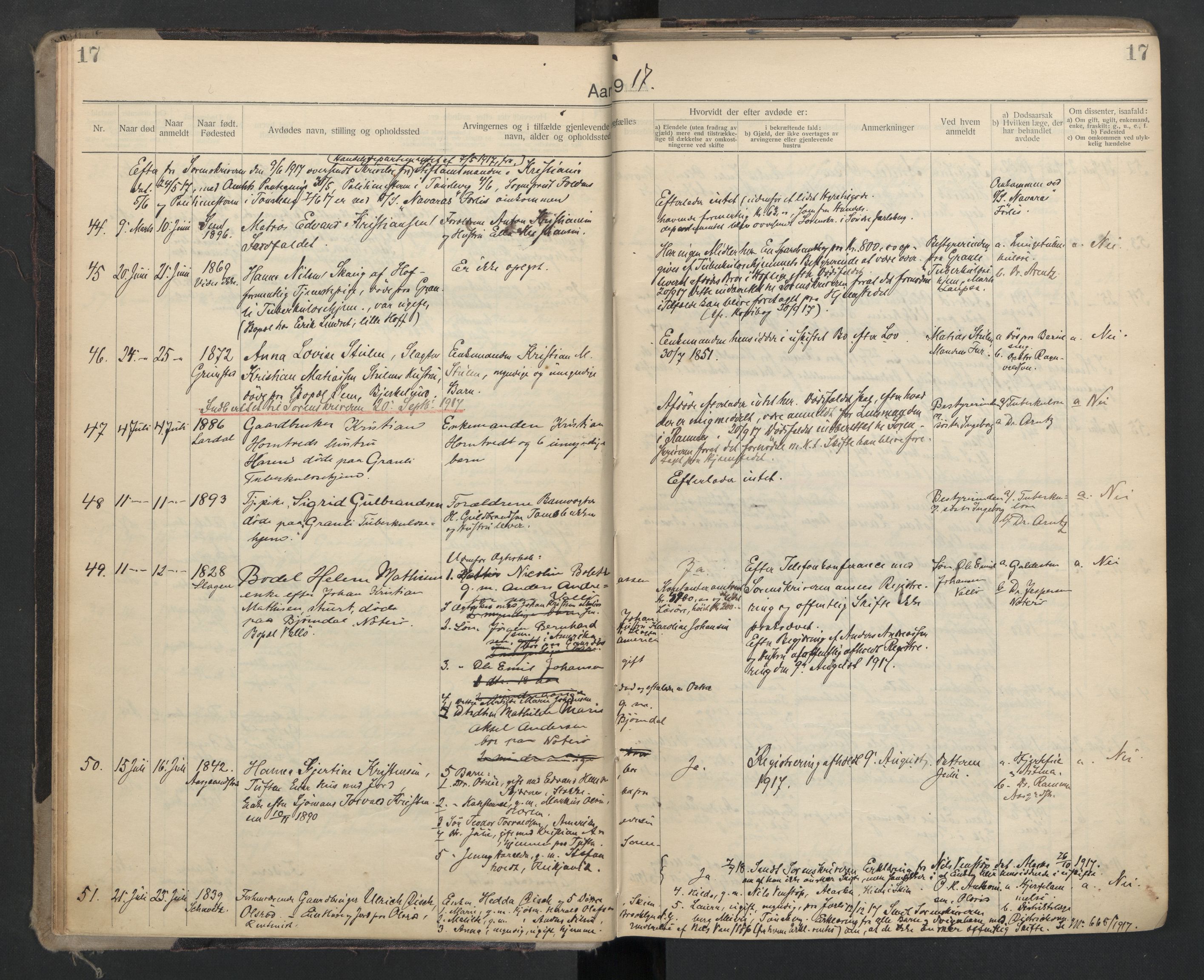 Sem lensmannskontor, AV/SAKO-A-547/H/Ha/L0006: Dødsfallsprotokoll, 1916-1930, p. 17