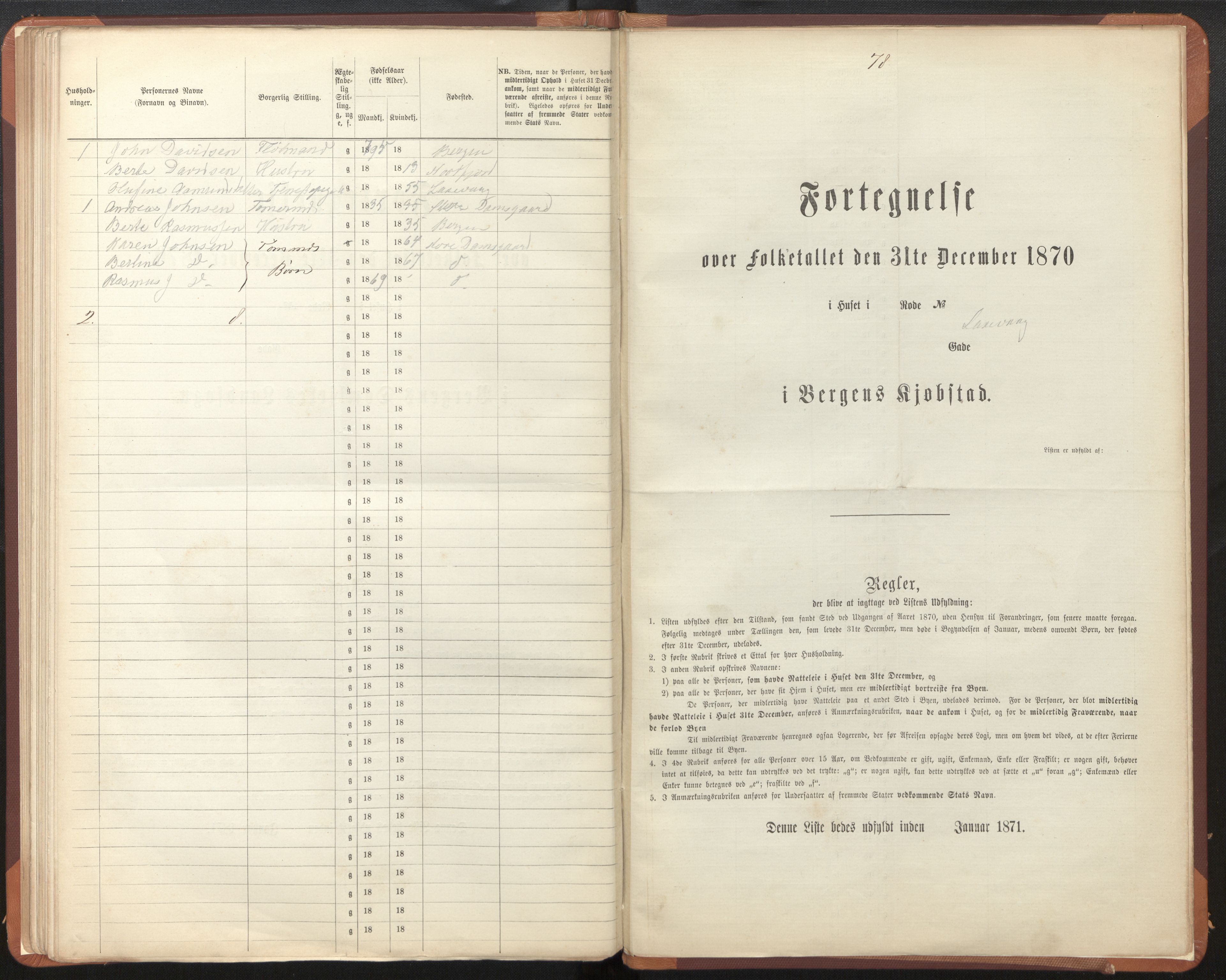 SAB, 1870 census for Bergen rural district, Domkirken local parish, 1870, p. 78