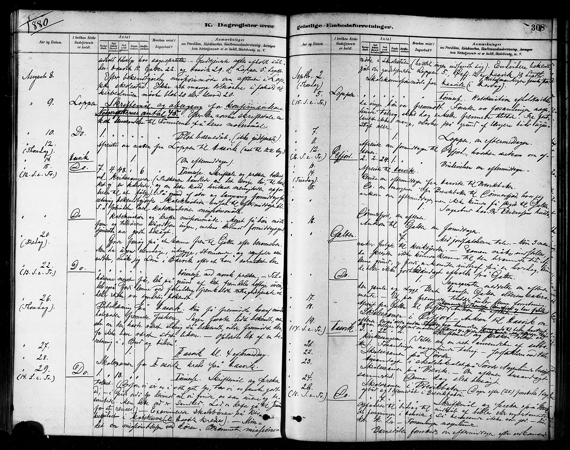 Loppa sokneprestkontor, AV/SATØ-S-1339/H/Ha/L0006kirke: Parish register (official) no. 6, 1879-1895, p. 308