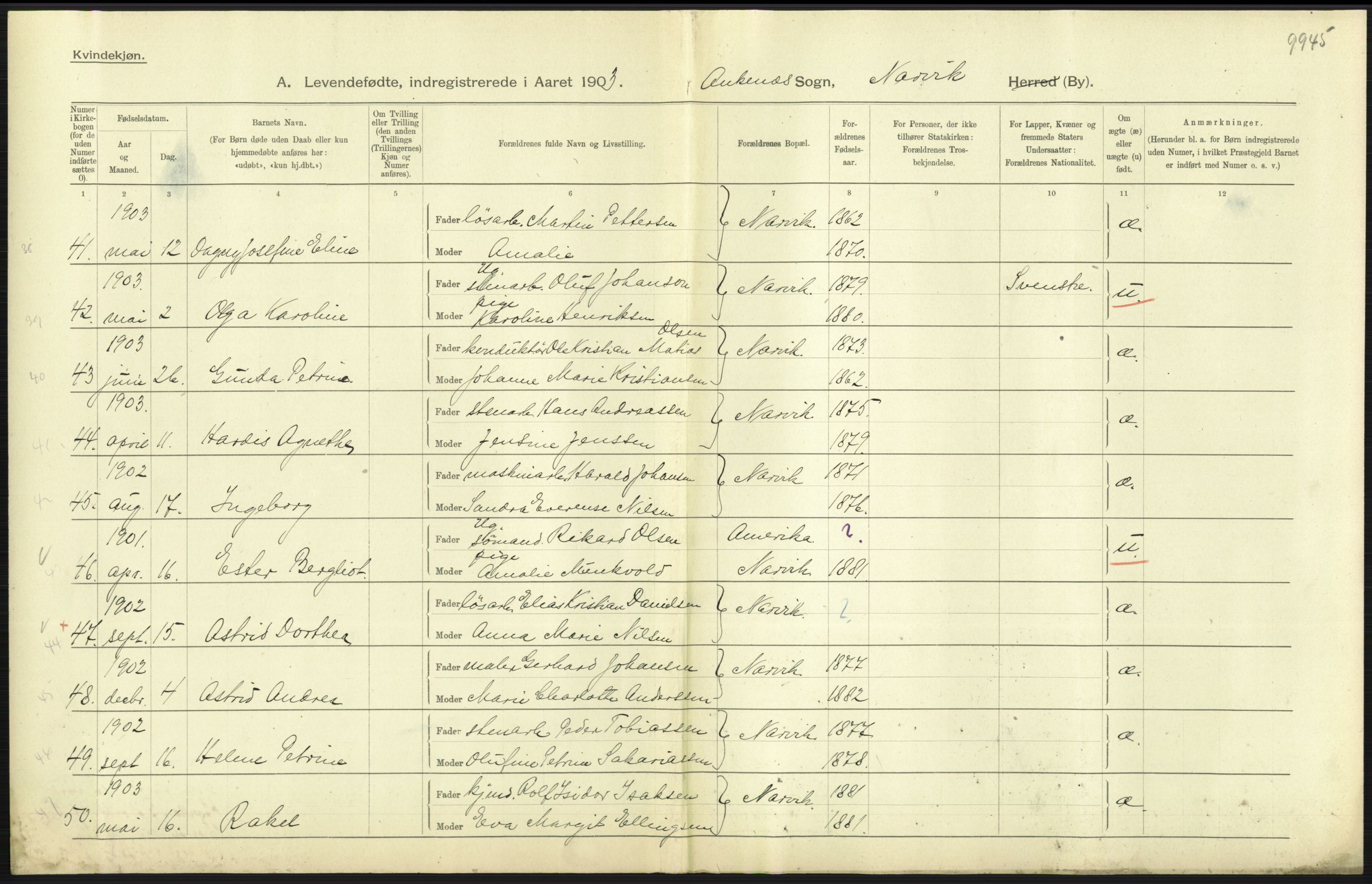 Statistisk sentralbyrå, Sosiodemografiske emner, Befolkning, AV/RA-S-2228/D/Df/Dfa/Dfaa/L0019: Nordlands amt: Fødte, gifte, døde., 1903, p. 33