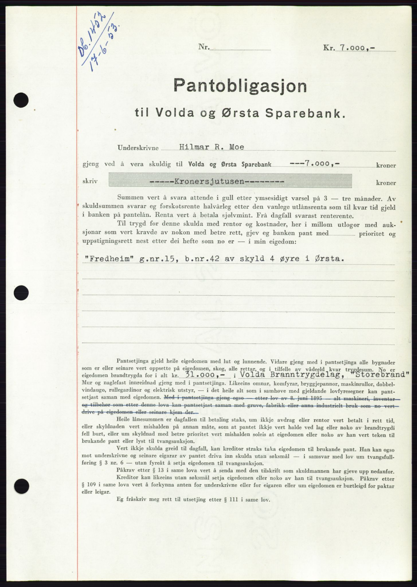 Søre Sunnmøre sorenskriveri, AV/SAT-A-4122/1/2/2C/L0123: Mortgage book no. 11B, 1953-1953, Diary no: : 1452/1953