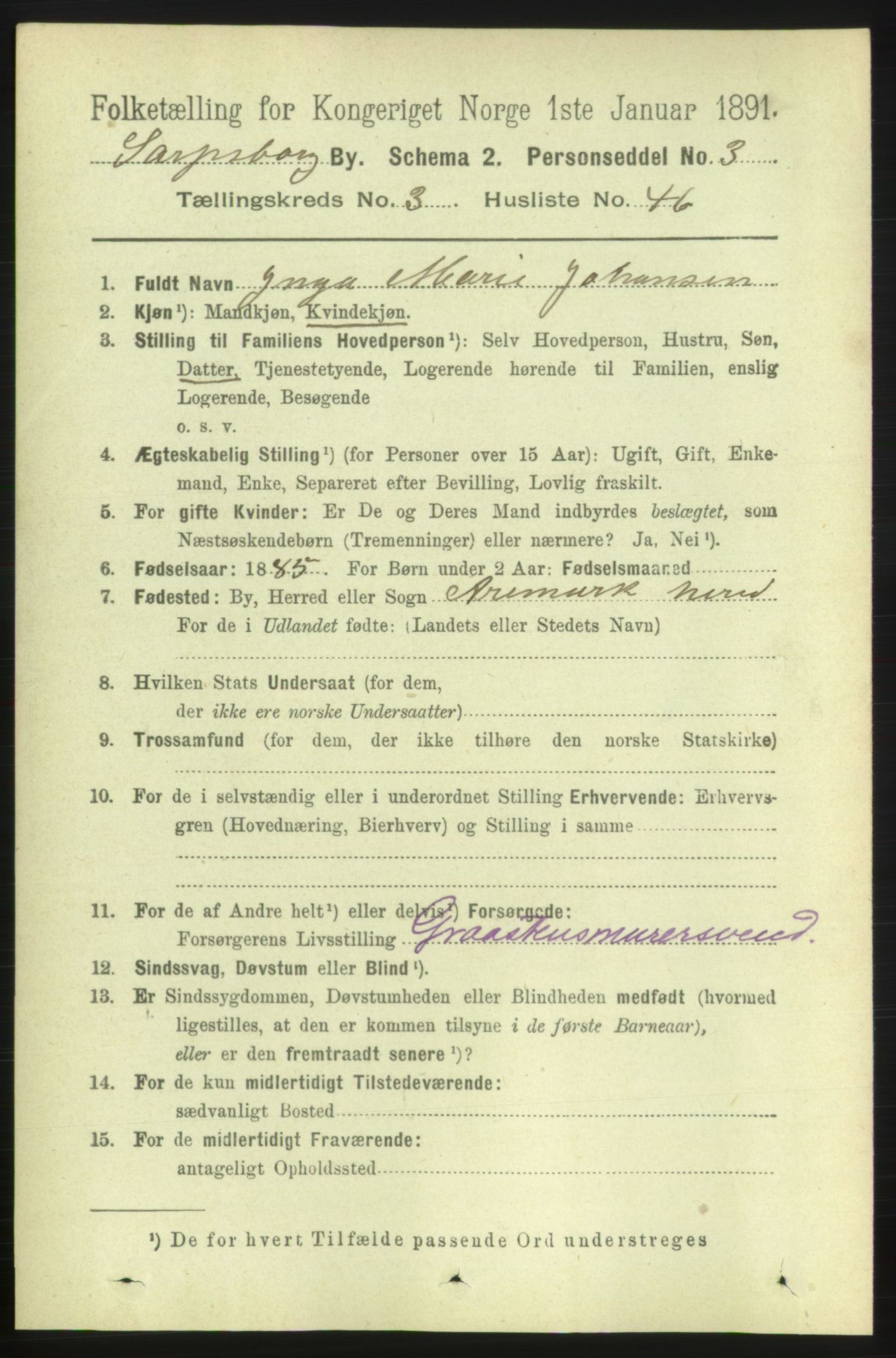 RA, 1891 census for 0102 Sarpsborg, 1891, p. 2864