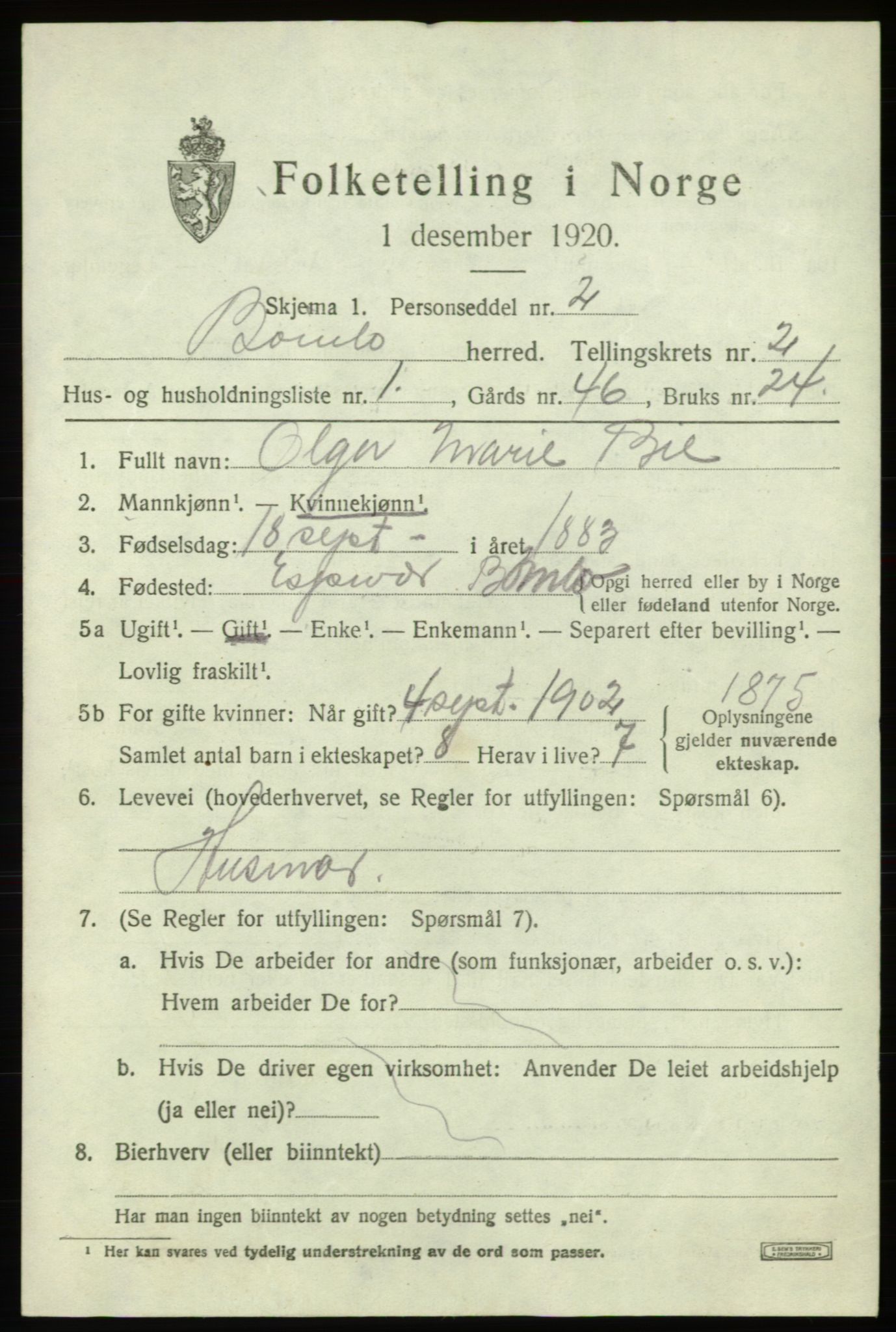 SAB, 1920 census for Bømlo, 1920, p. 1801