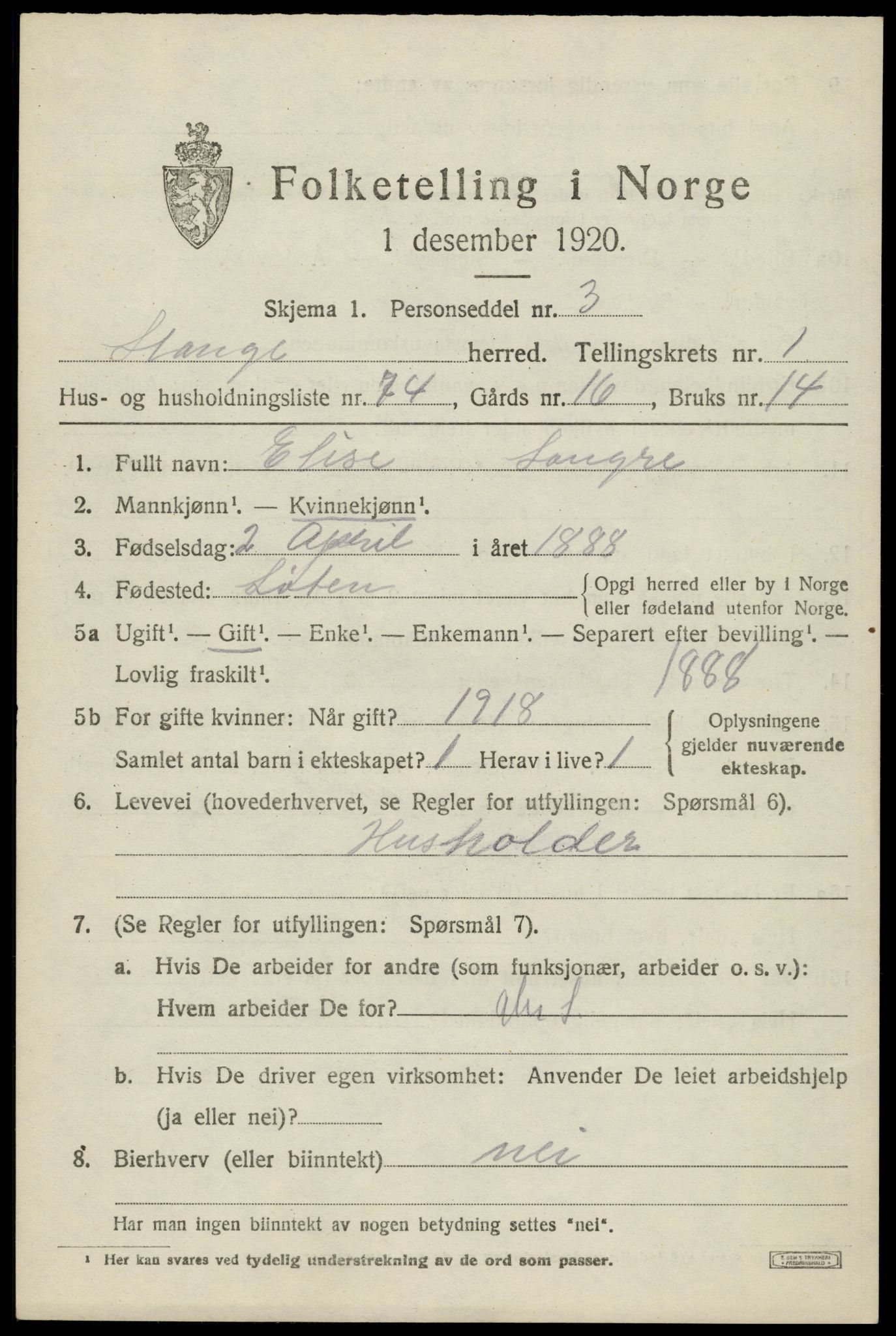 SAH, 1920 census for Stange, 1920, p. 3813