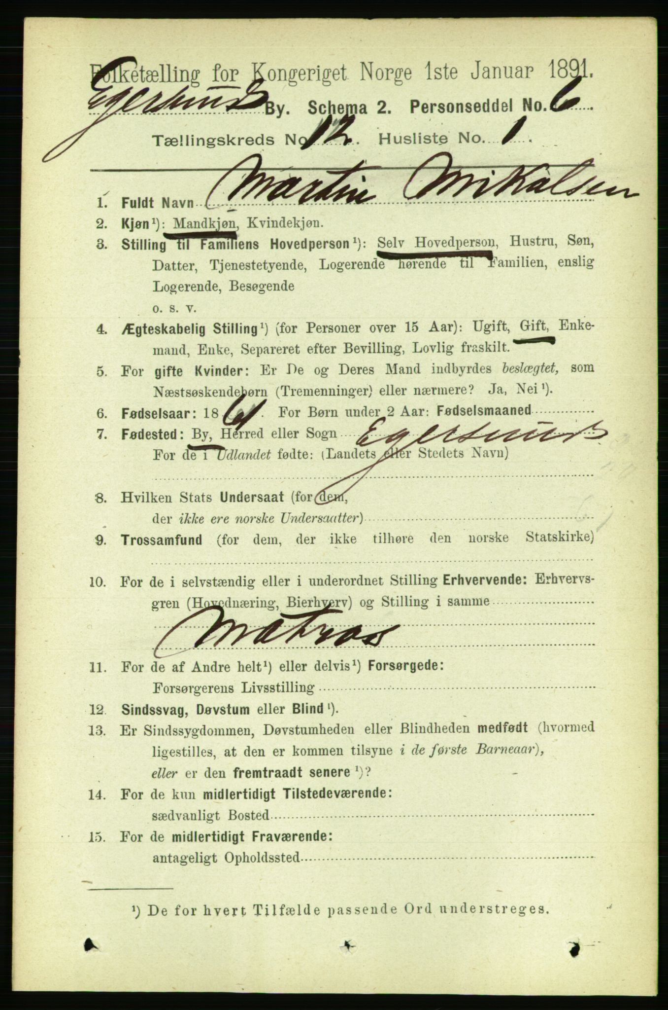 RA, 1891 census for 1101 Egersund, 1891, p. 2170