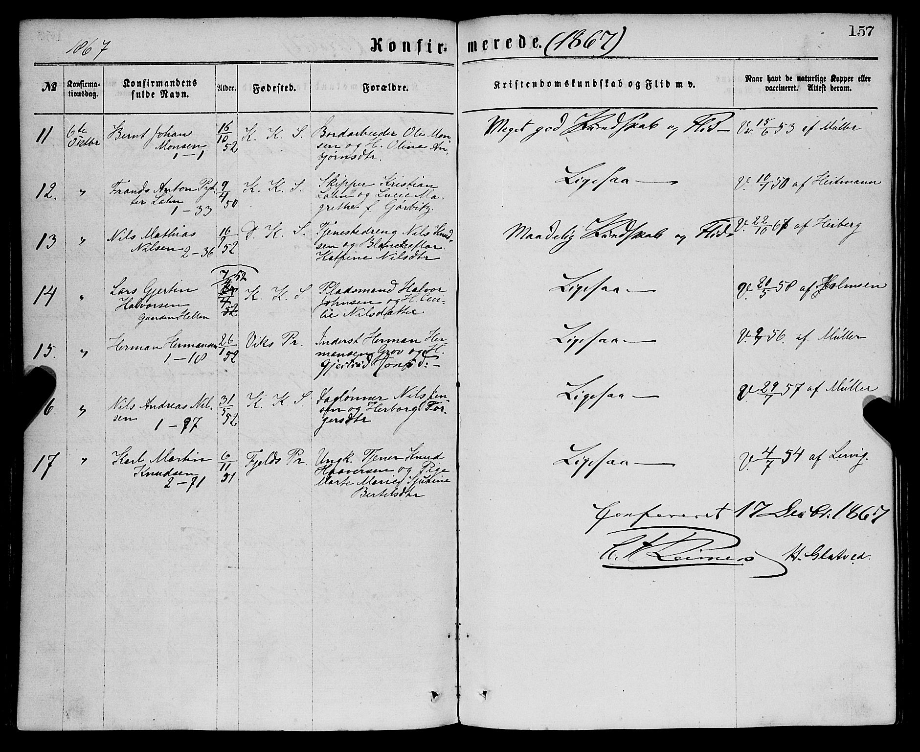 Sandviken Sokneprestembete, SAB/A-77601/H/Ha/L0001: Parish register (official) no. A 1, 1867-1877, p. 157