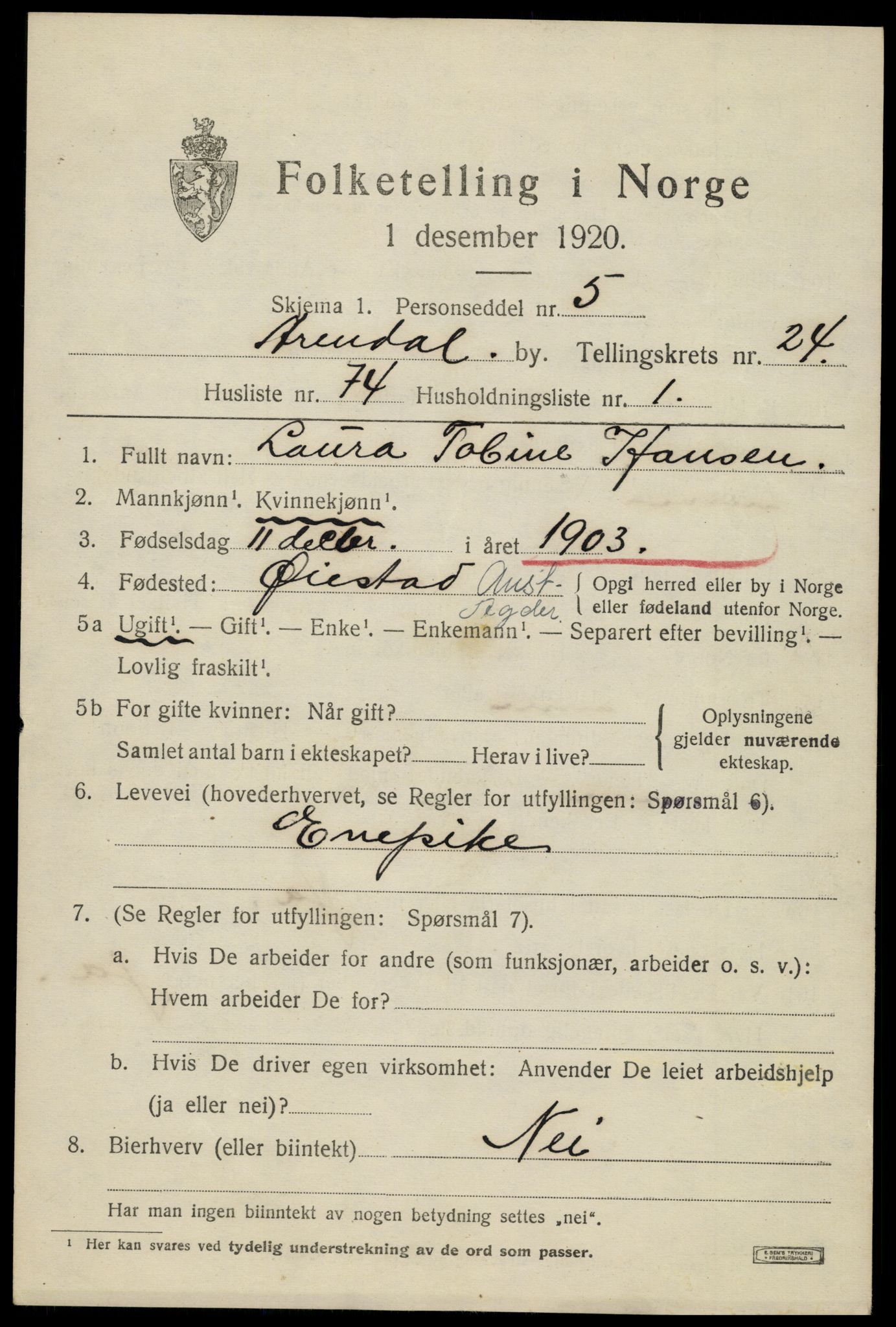 SAK, 1920 census for Arendal, 1920, p. 30310