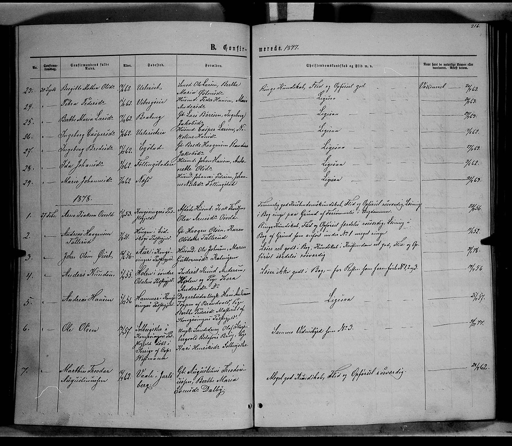 Vardal prestekontor, SAH/PREST-100/H/Ha/Hab/L0006: Parish register (copy) no. 6, 1869-1881, p. 216