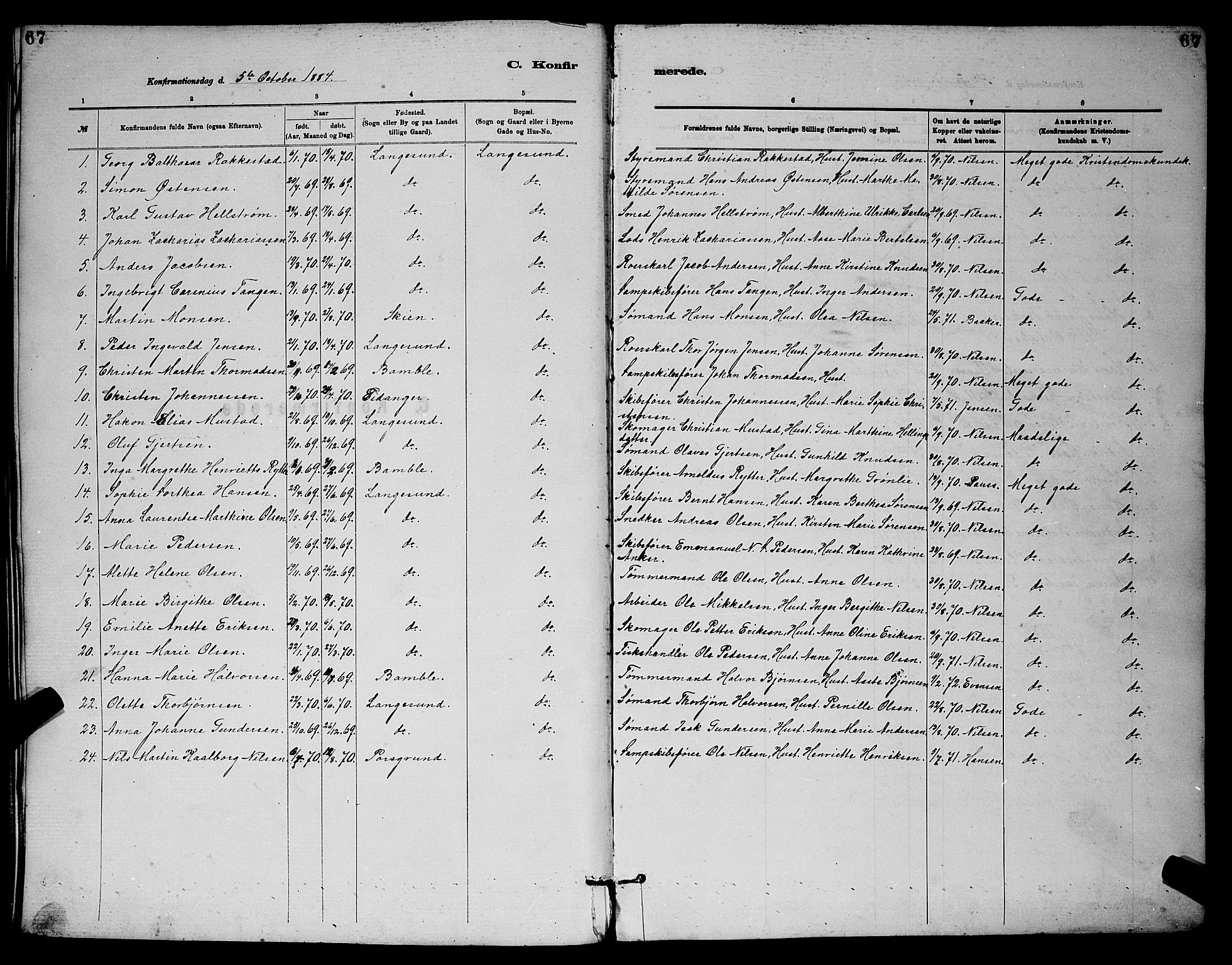 Langesund kirkebøker, AV/SAKO-A-280/G/Ga/L0005: Parish register (copy) no. 5, 1884-1898, p. 67