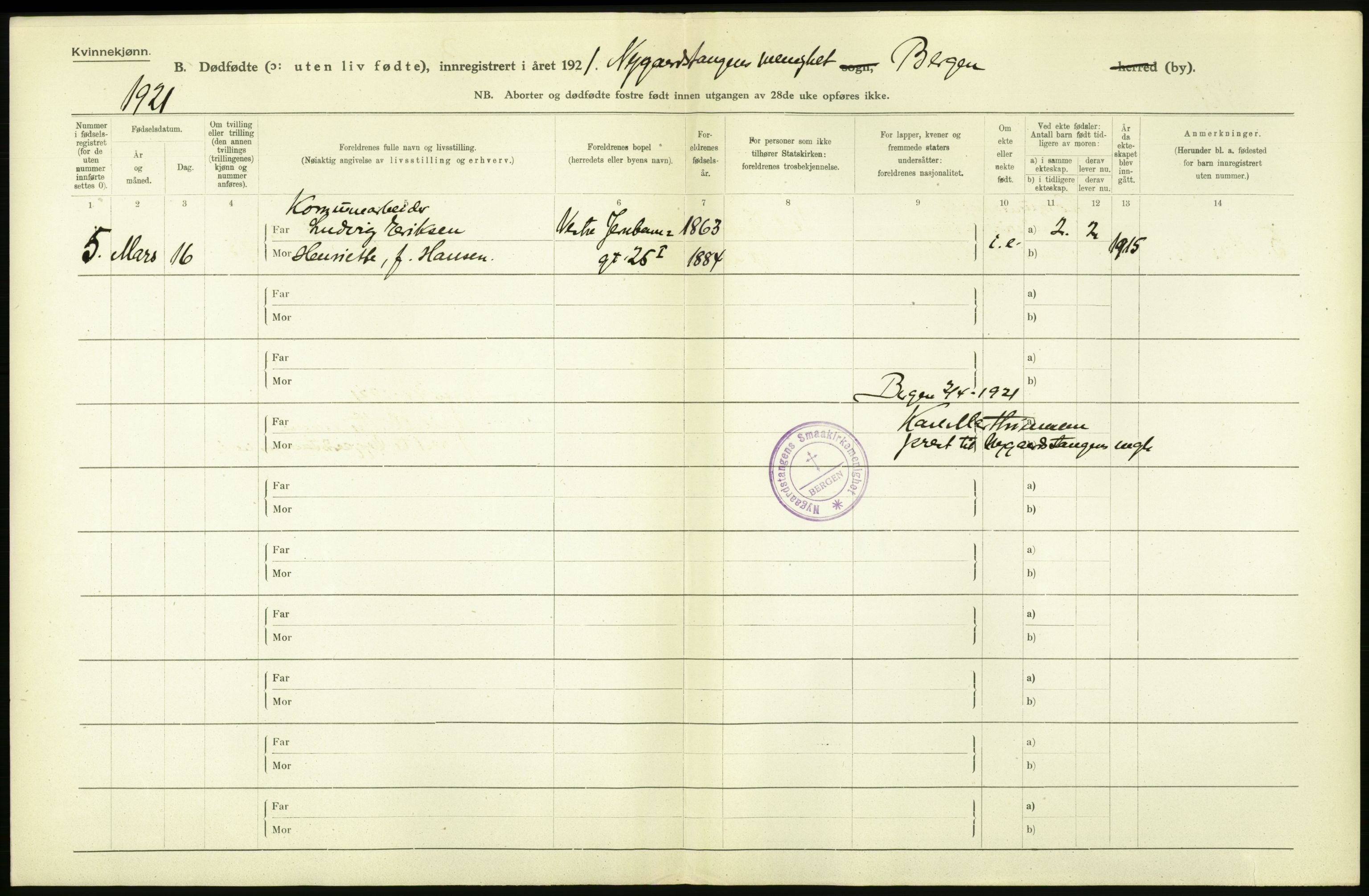 Statistisk sentralbyrå, Sosiodemografiske emner, Befolkning, AV/RA-S-2228/D/Df/Dfc/Dfca/L0035: Bergen: Gifte, dødfødte., 1921, p. 308