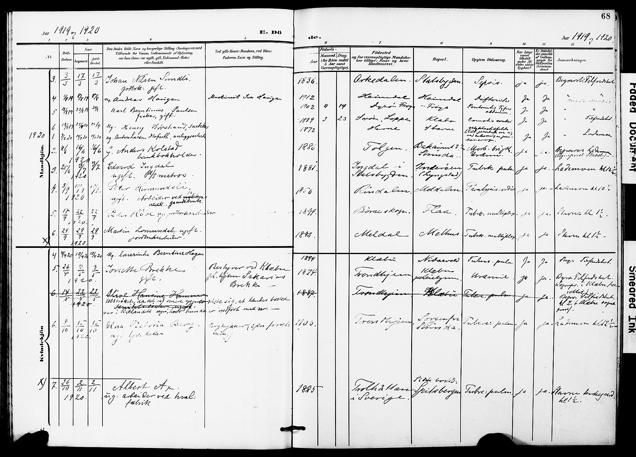 Ministerialprotokoller, klokkerbøker og fødselsregistre - Sør-Trøndelag, SAT/A-1456/628/L0483: Parish register (official) no. 628A01, 1902-1920, p. 68