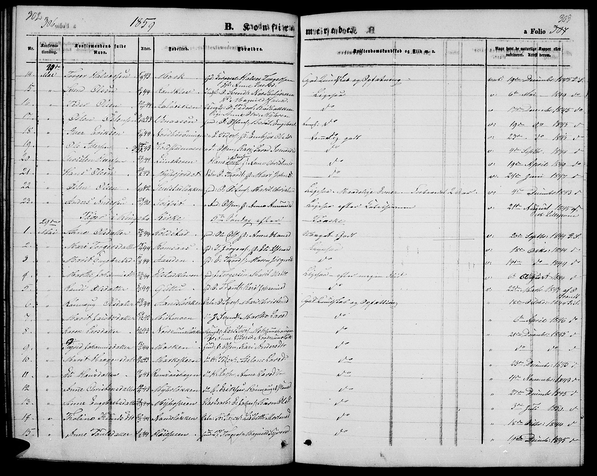 Ringebu prestekontor, AV/SAH-PREST-082/H/Ha/Hab/L0003: Parish register (copy) no. 3, 1854-1866, p. 302-303