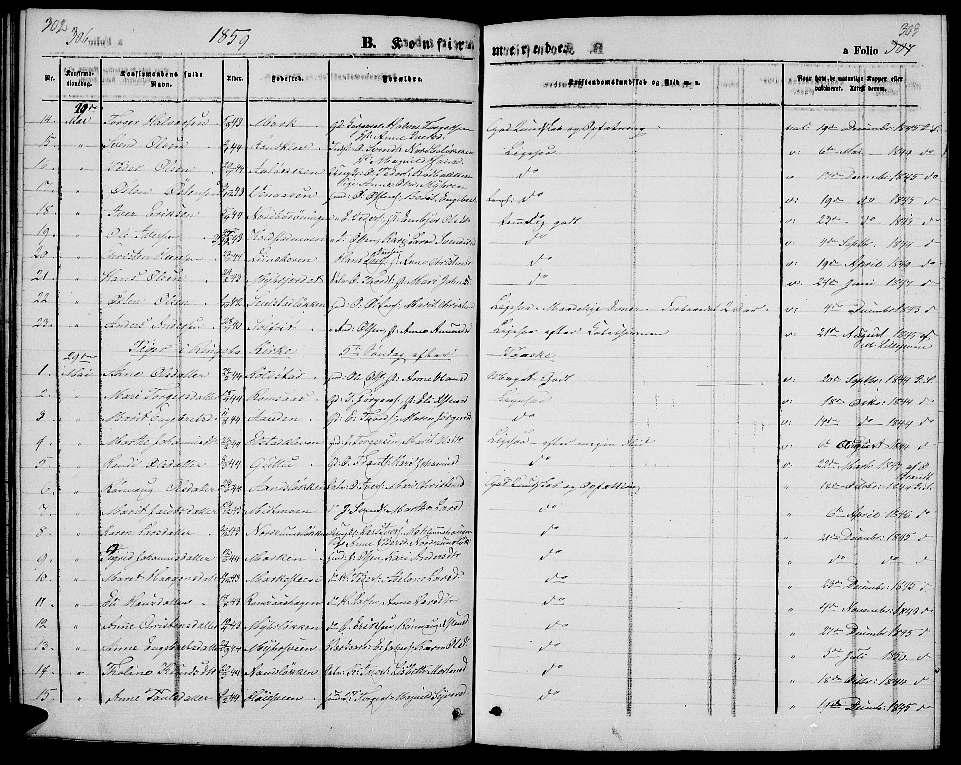 Ringebu prestekontor, SAH/PREST-082/H/Ha/Hab/L0003: Parish register (copy) no. 3, 1854-1866, p. 302-303