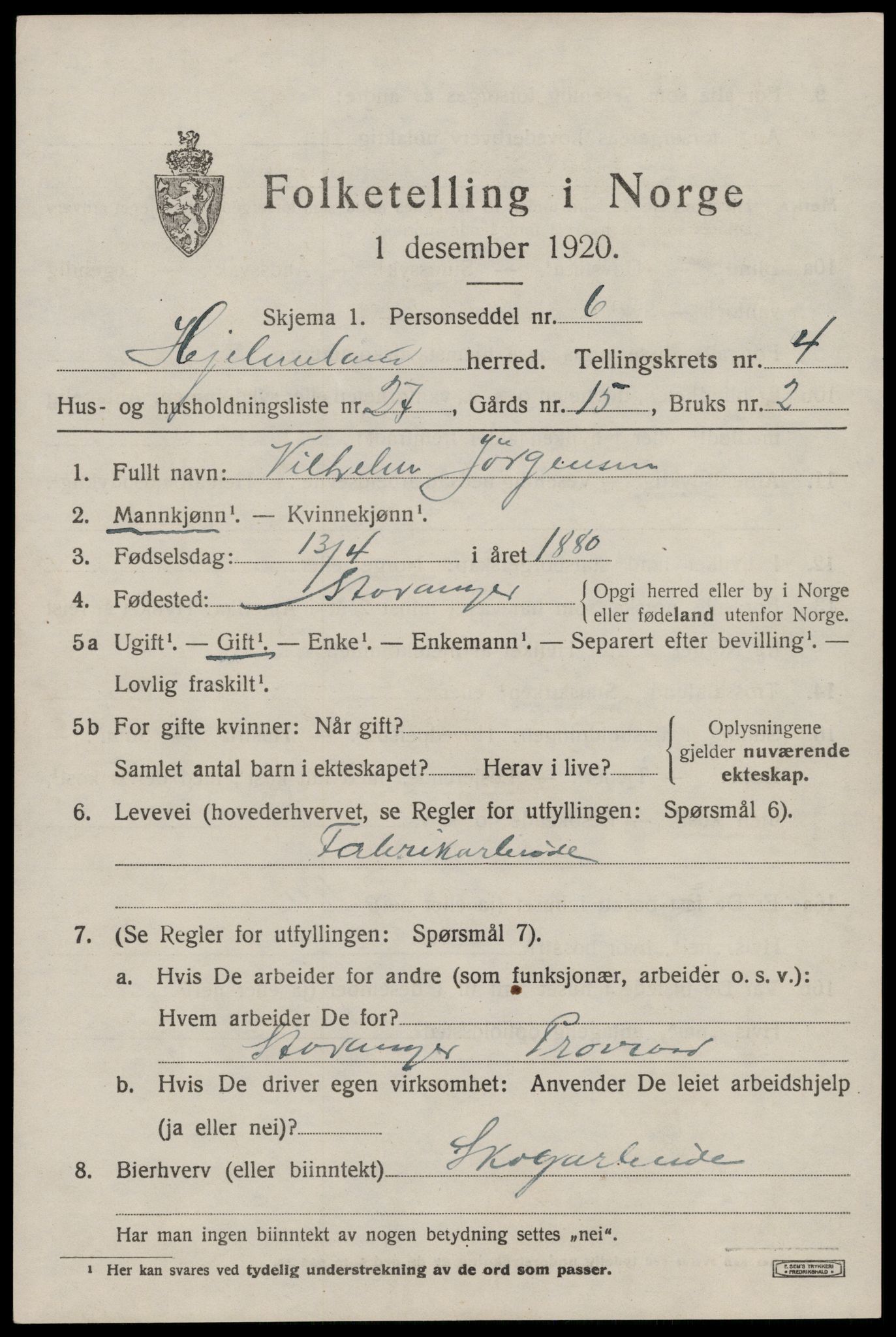 SAST, 1920 census for Hjelmeland, 1920, p. 1793