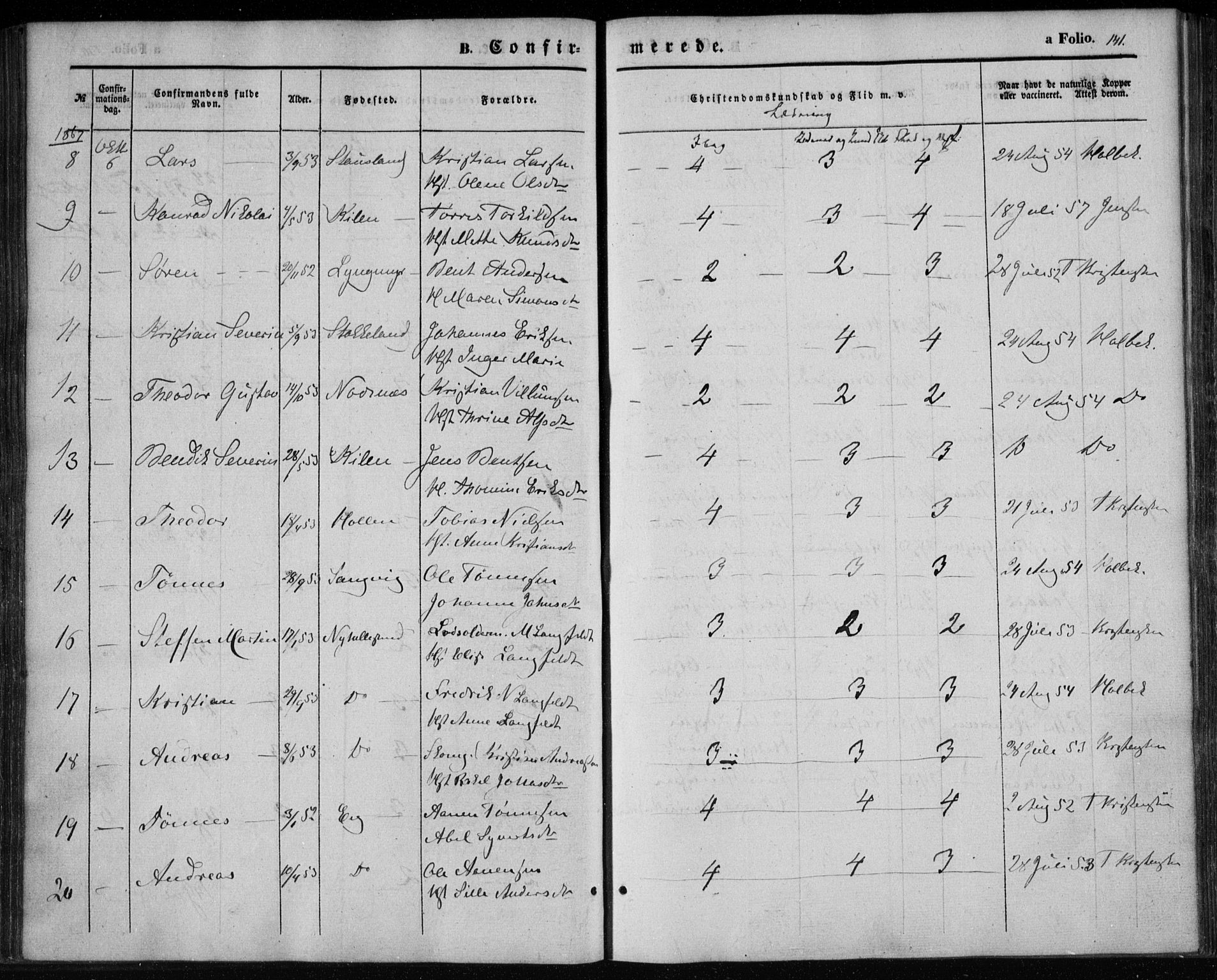 Søgne sokneprestkontor, SAK/1111-0037/F/Fa/Fab/L0010: Parish register (official) no. A 10, 1853-1869, p. 141