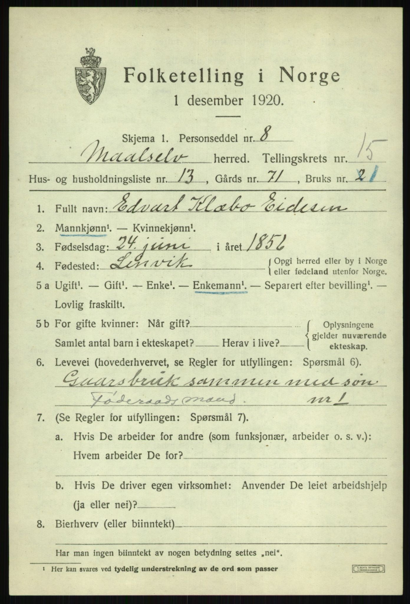 SATØ, 1920 census for Målselv, 1920, p. 7807
