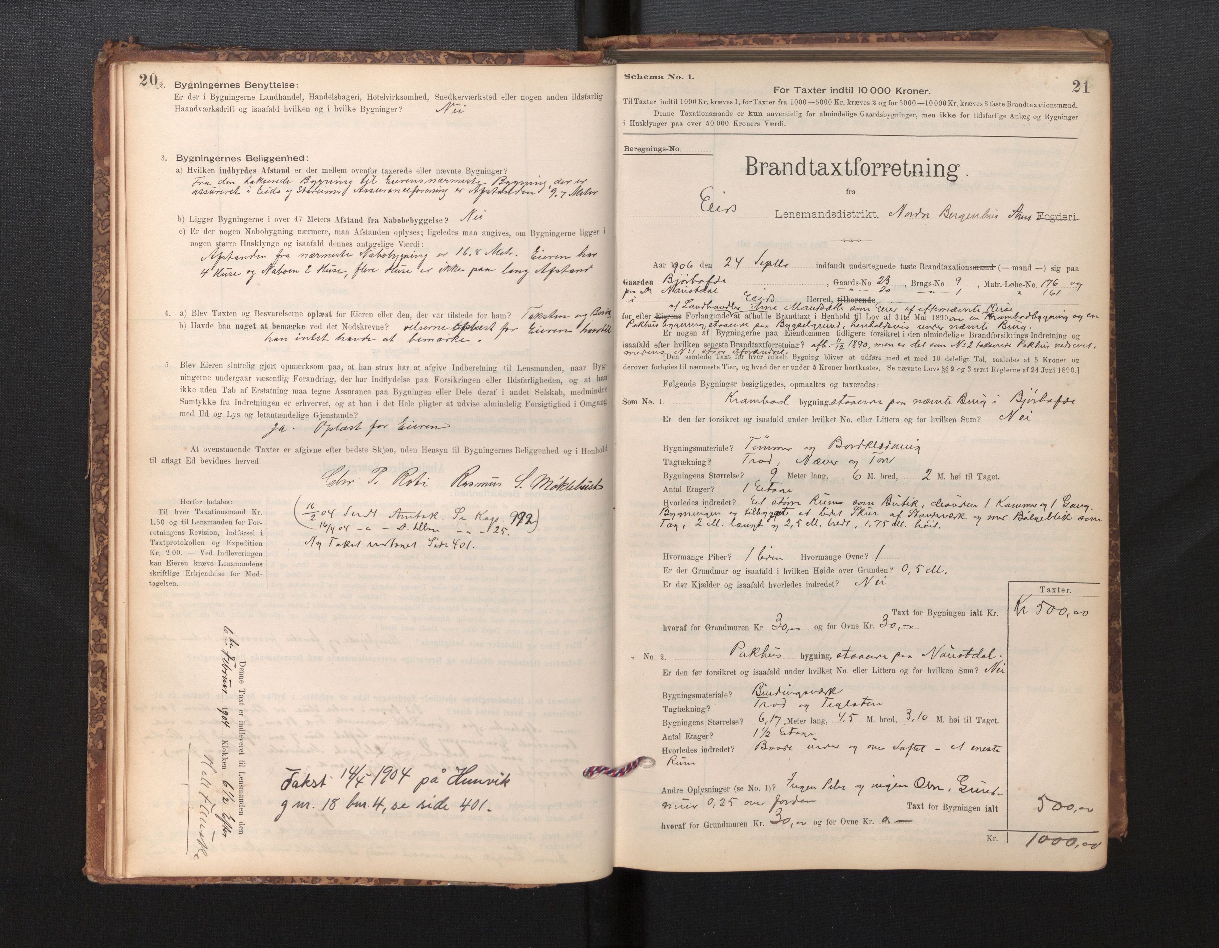 Lensmannen i Eid, SAB/A-27001/0012/L0007: Branntakstprotokoll, skjematakst, 1896-1929, p. 20-21