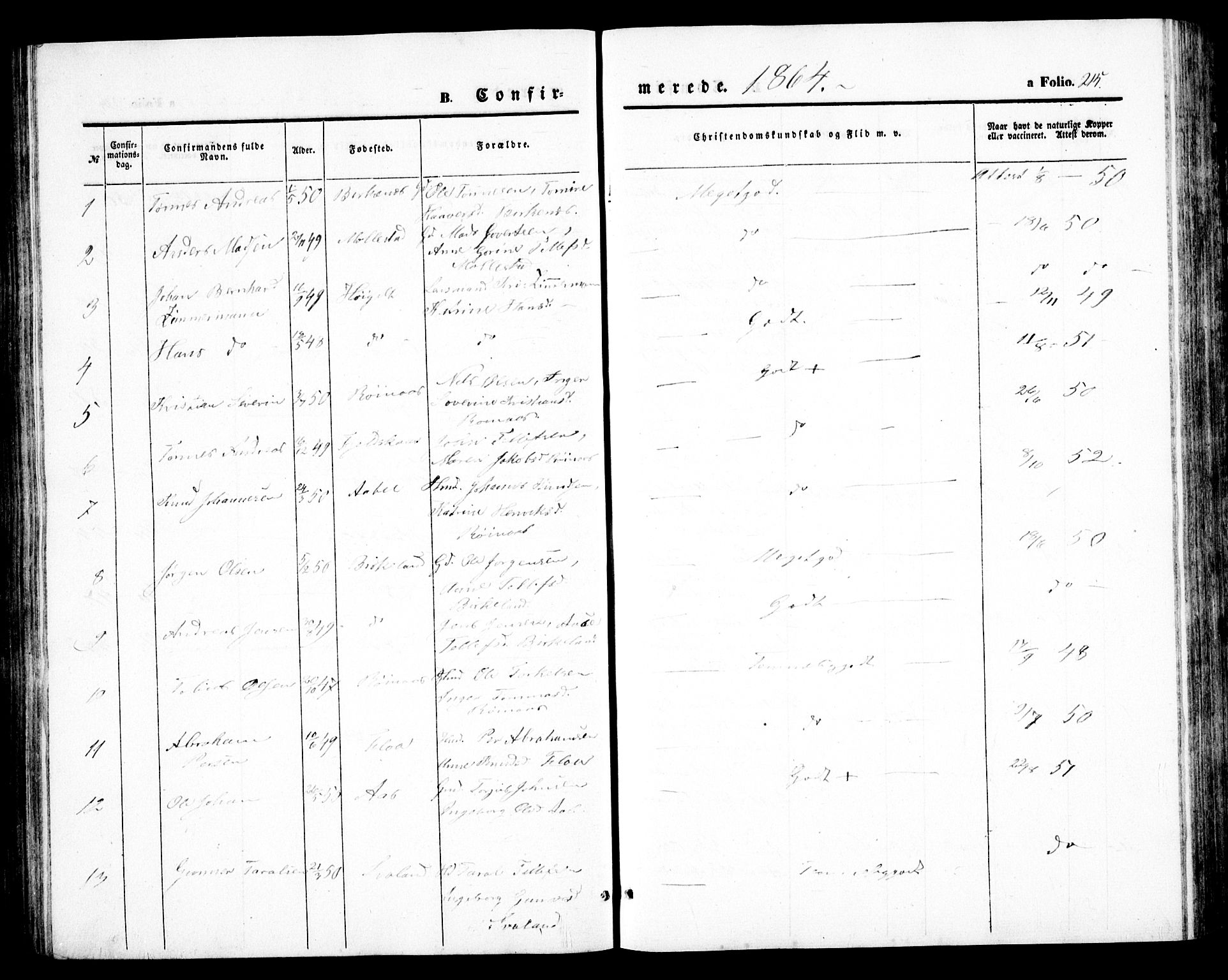 Birkenes sokneprestkontor, AV/SAK-1111-0004/F/Fb/L0002: Parish register (copy) no. B 2, 1849-1876, p. 215