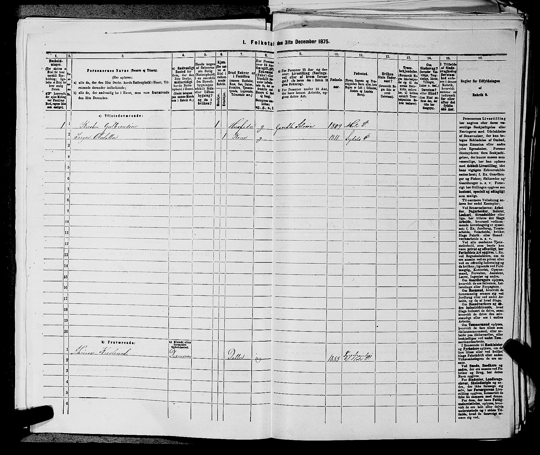 SAKO, 1875 census for 0612P Hole, 1875, p. 1169