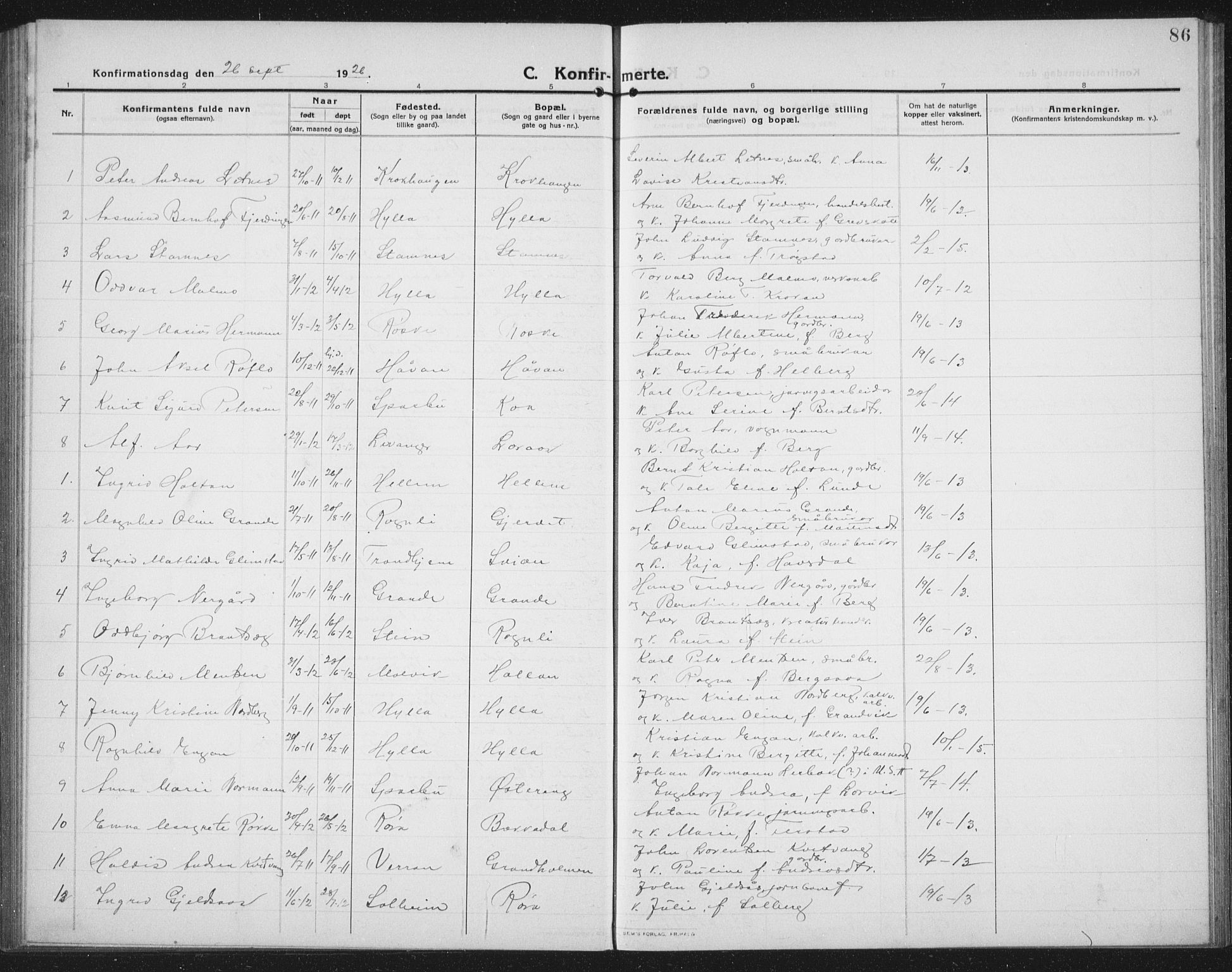 Ministerialprotokoller, klokkerbøker og fødselsregistre - Nord-Trøndelag, SAT/A-1458/731/L0312: Parish register (copy) no. 731C03, 1911-1935, p. 86