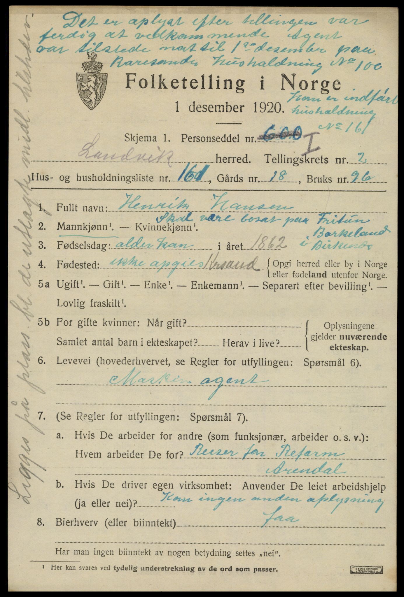 SAK, 1920 census for Landvik, 1920, p. 2952