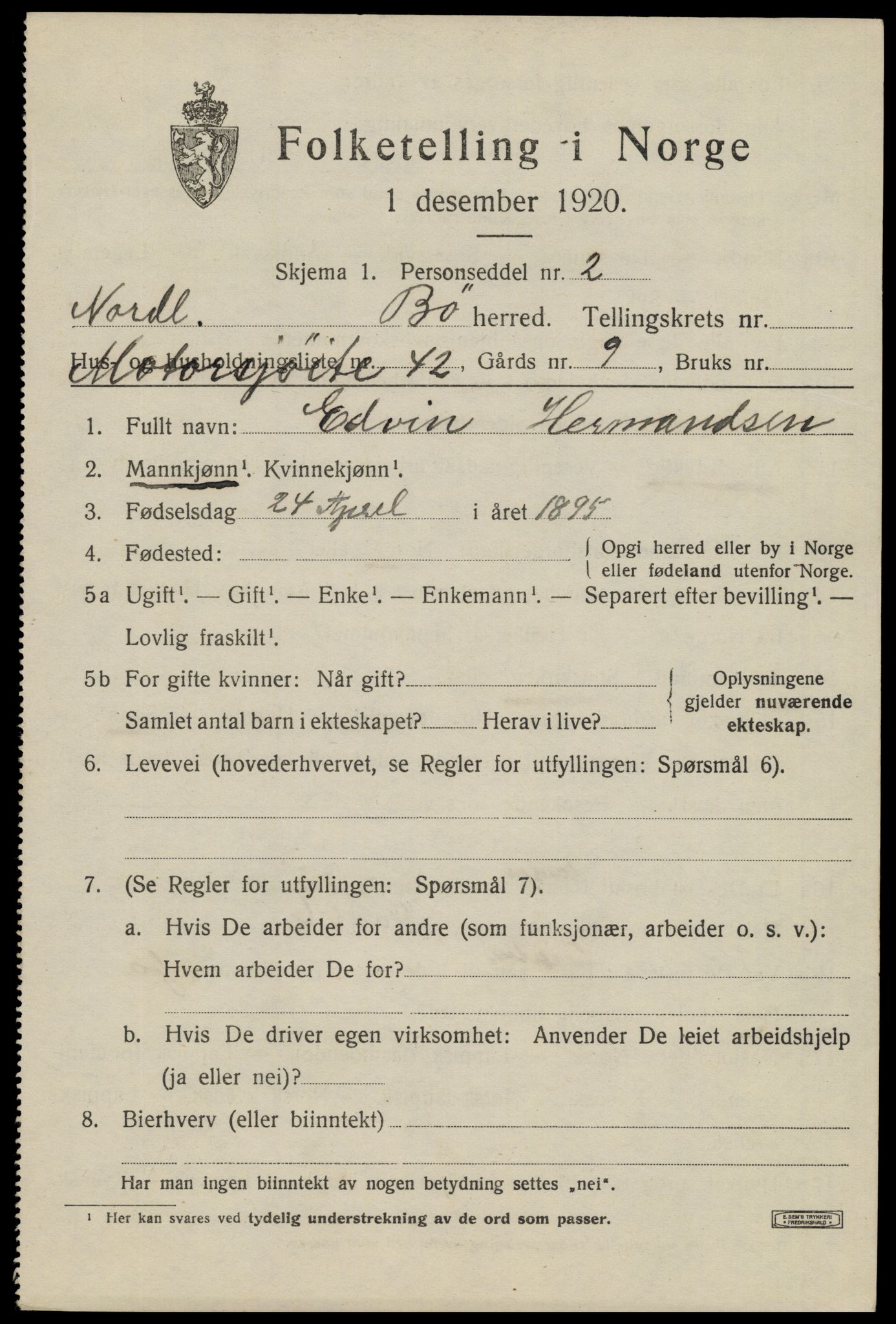 SAT, 1920 census for Bø, 1920, p. 3174