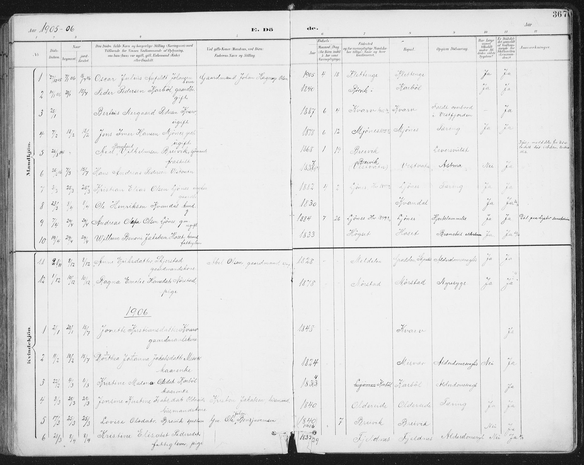 Ministerialprotokoller, klokkerbøker og fødselsregistre - Nordland, SAT/A-1459/852/L0741: Parish register (official) no. 852A11, 1894-1917, p. 367