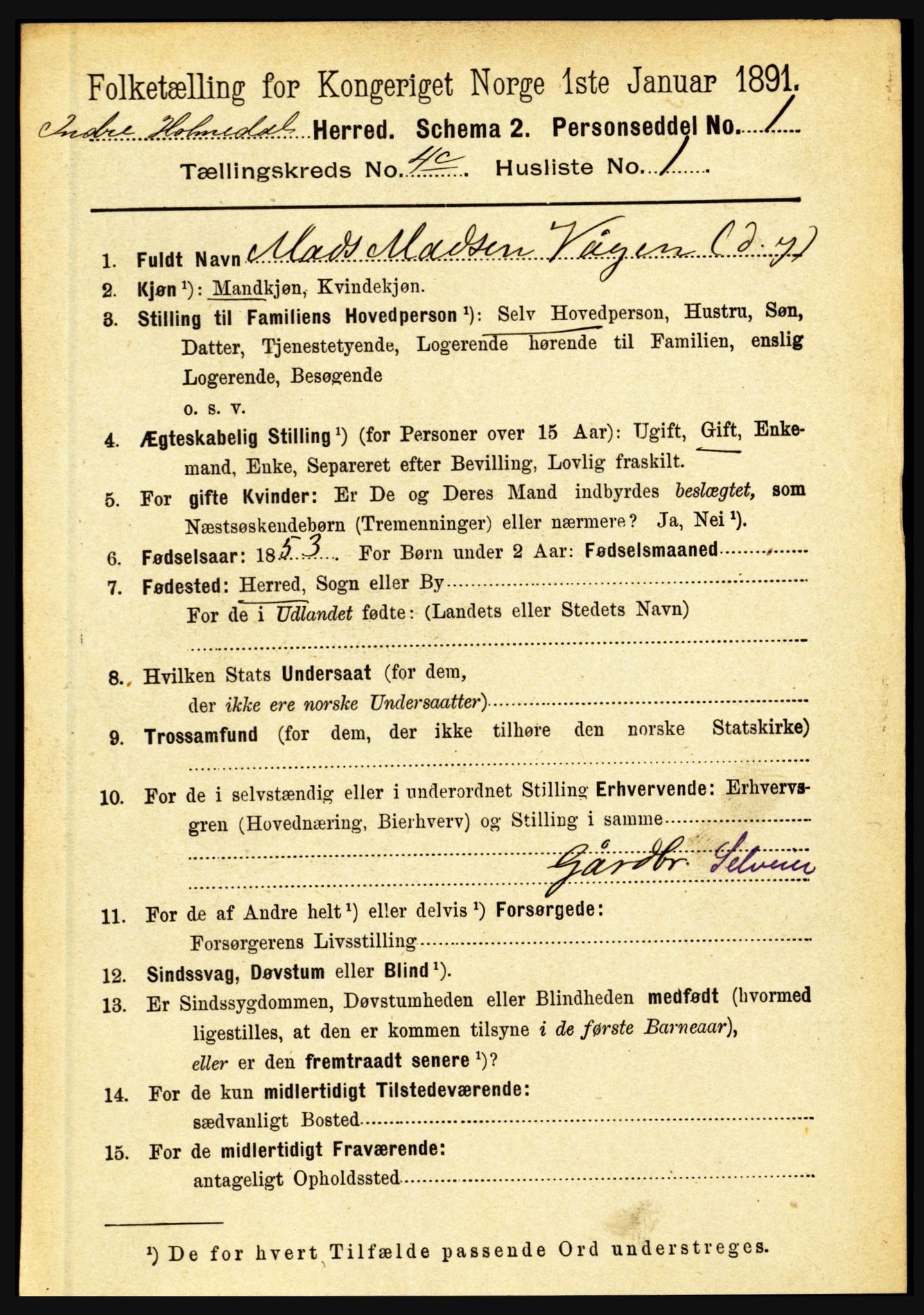 RA, 1891 census for 1430 Indre Holmedal, 1891, p. 1636