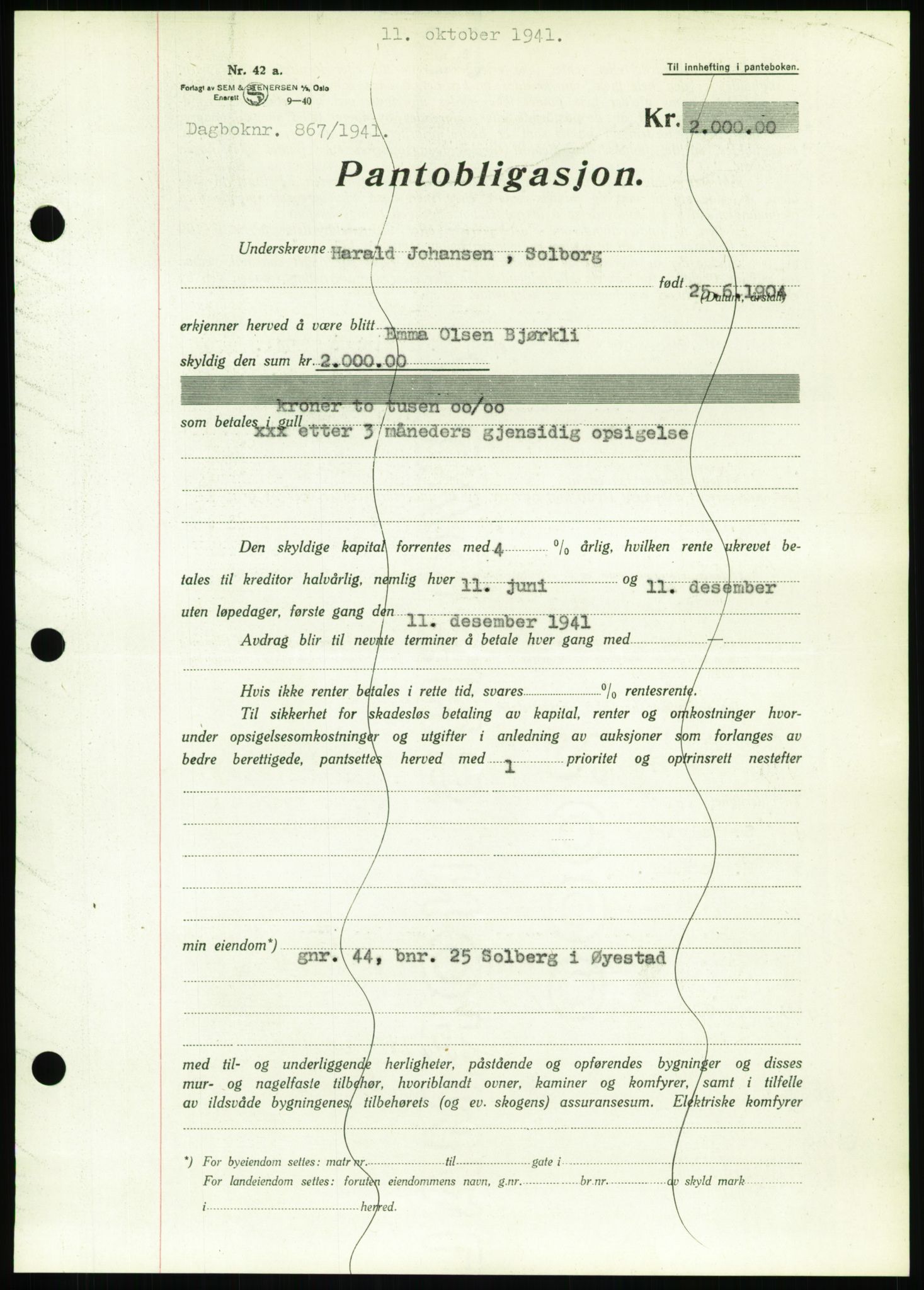 Nedenes sorenskriveri, SAK/1221-0006/G/Gb/Gbb/L0001: Mortgage book no. I, 1939-1942, Diary no: : 867/1941