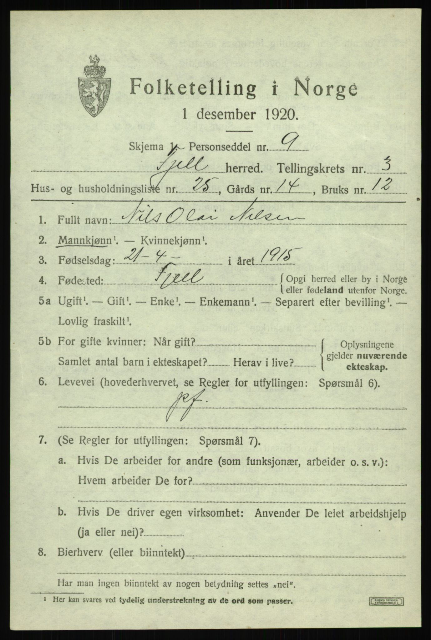 SAB, 1920 census for Fjell, 1920, p. 3318