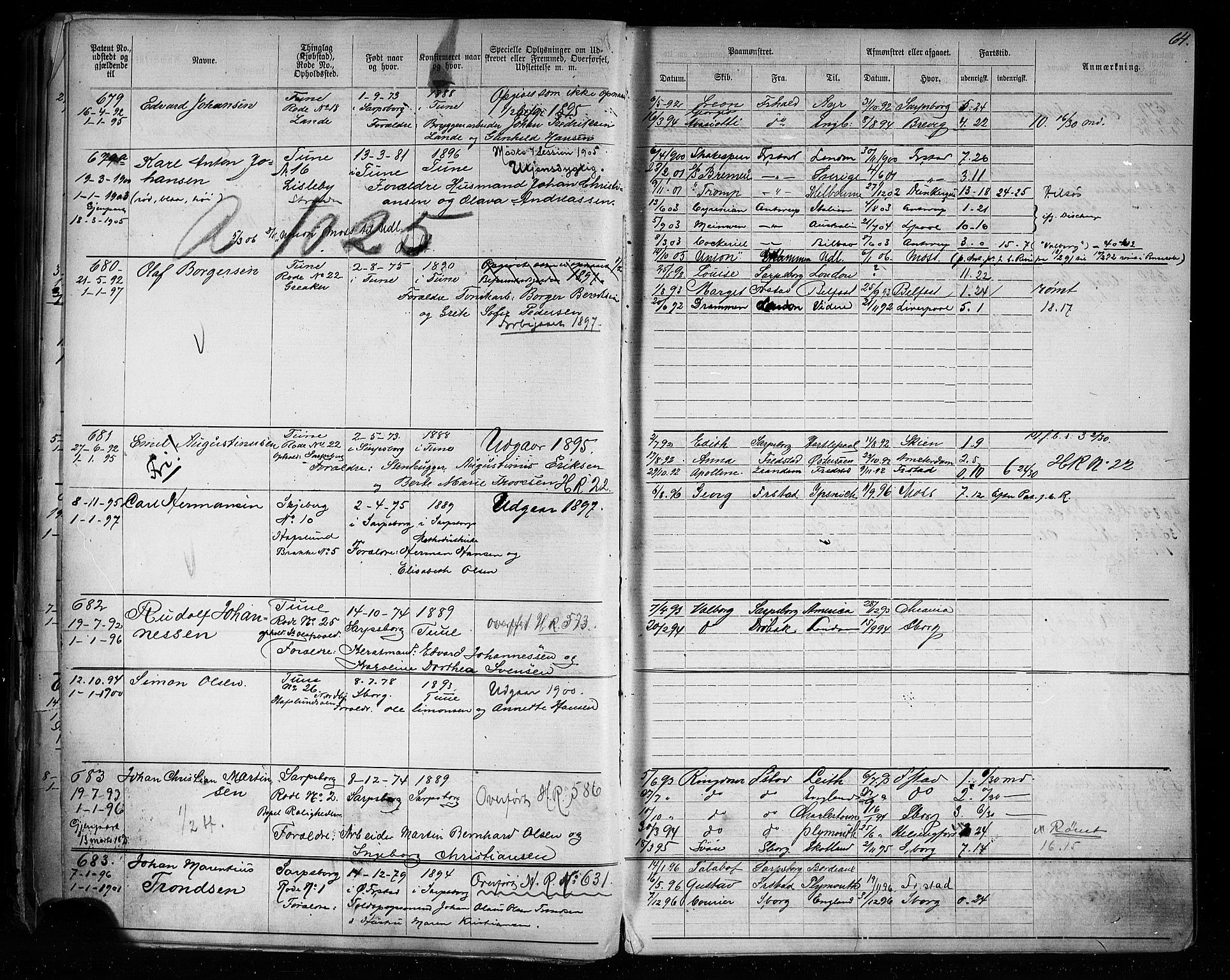 Sarpsborg mønstringskontor, AV/SAO-A-10569c/F/Fc/Fca/L0005: Annotasjonsrulle, 1881-1913, p. 68
