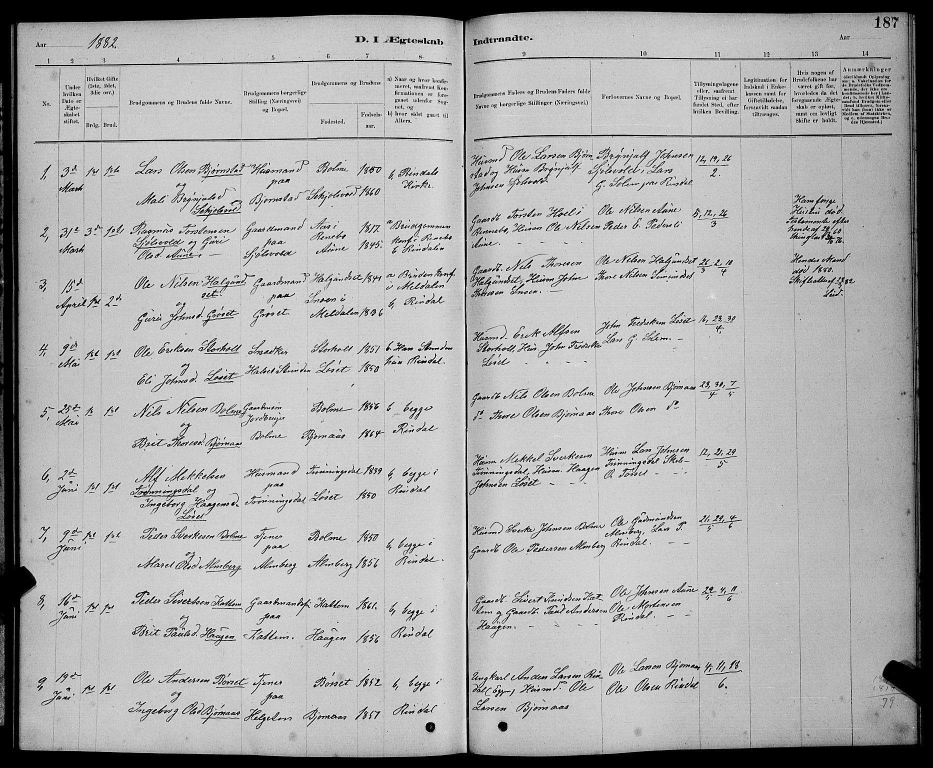 Ministerialprotokoller, klokkerbøker og fødselsregistre - Møre og Romsdal, AV/SAT-A-1454/598/L1077: Parish register (copy) no. 598C02, 1879-1891, p. 187