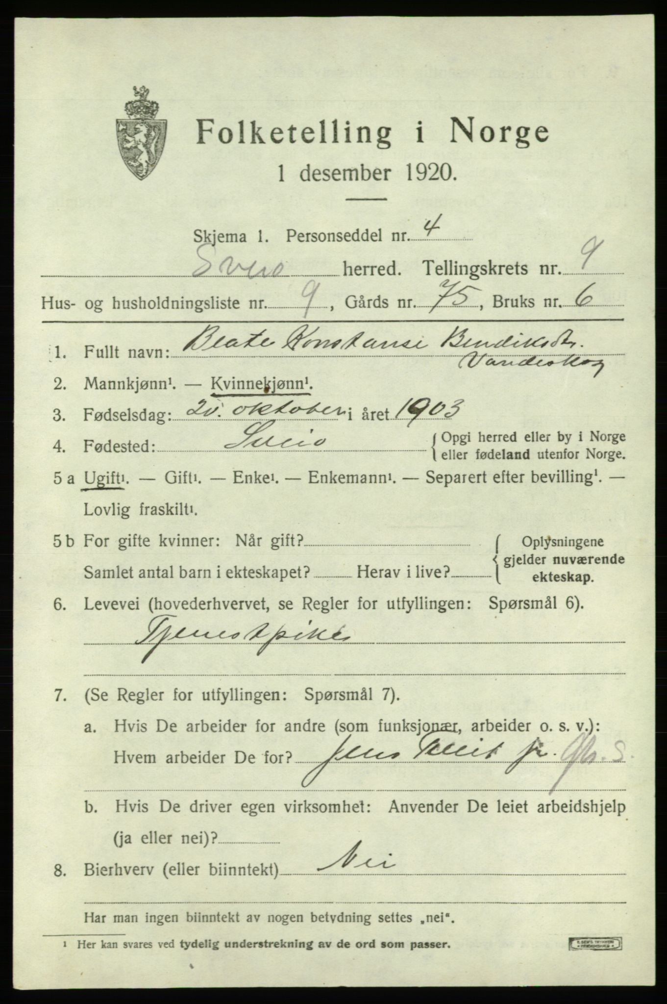 SAB, 1920 census for Sveio, 1920, p. 4530