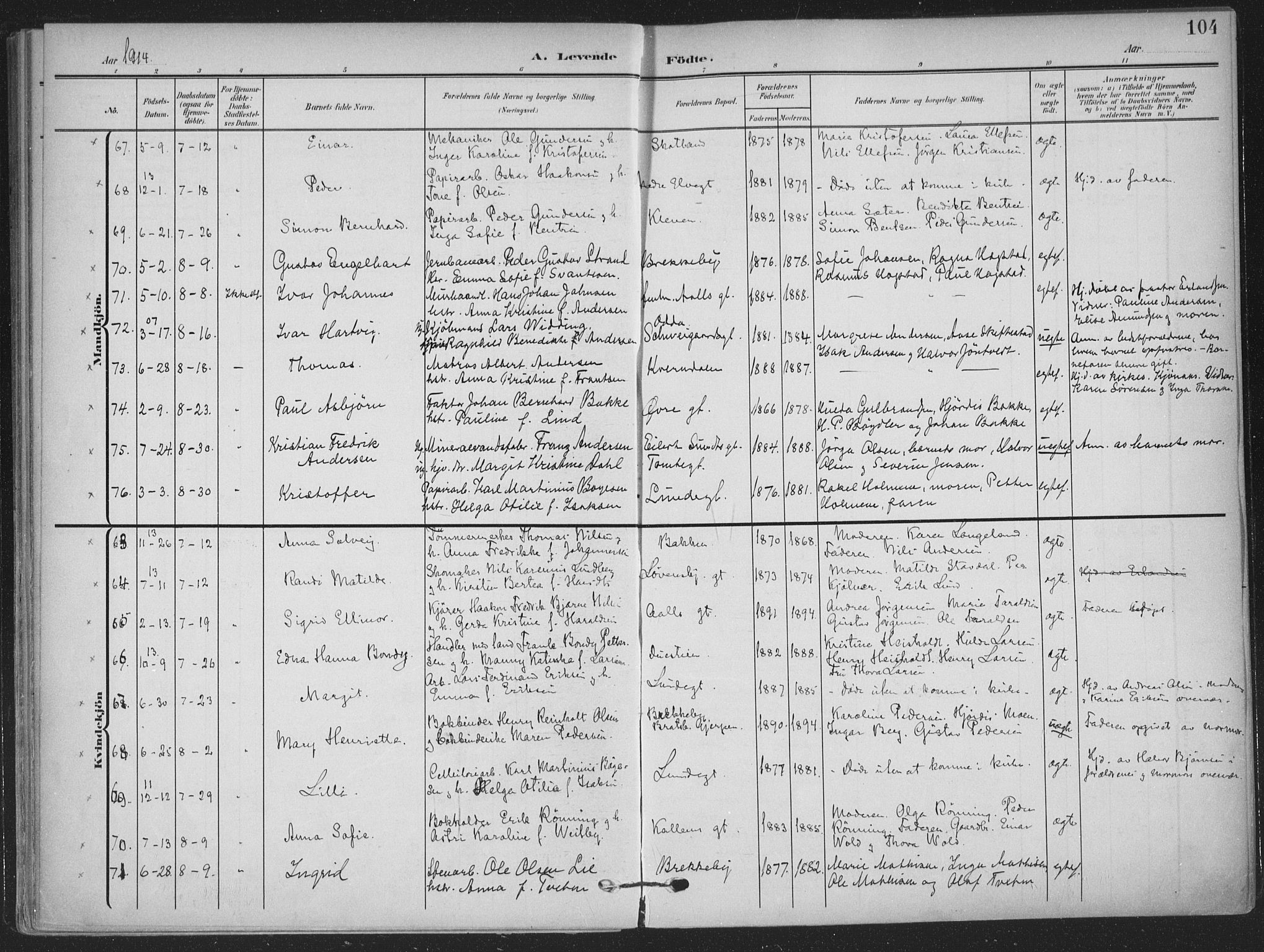 Skien kirkebøker, AV/SAKO-A-302/F/Fa/L0012: Parish register (official) no. 12, 1908-1914, p. 104