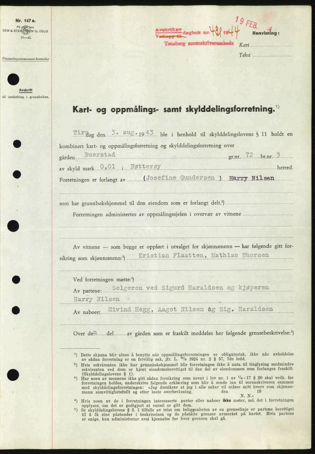 Tønsberg sorenskriveri, AV/SAKO-A-130/G/Ga/Gaa/L0014: Mortgage book no. A14, 1943-1944, Diary no: : 431/1944