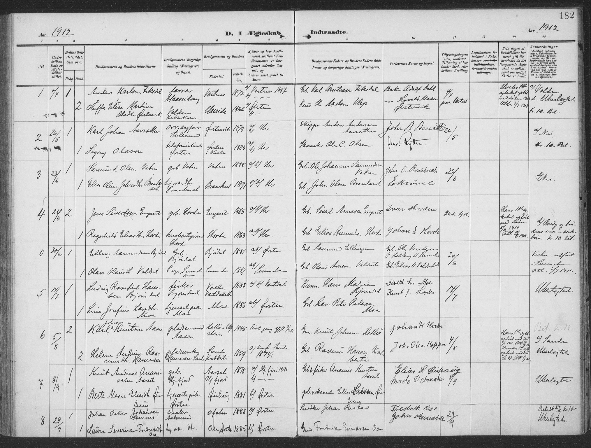 Ministerialprotokoller, klokkerbøker og fødselsregistre - Møre og Romsdal, SAT/A-1454/513/L0178: Parish register (official) no. 513A05, 1906-1919, p. 182