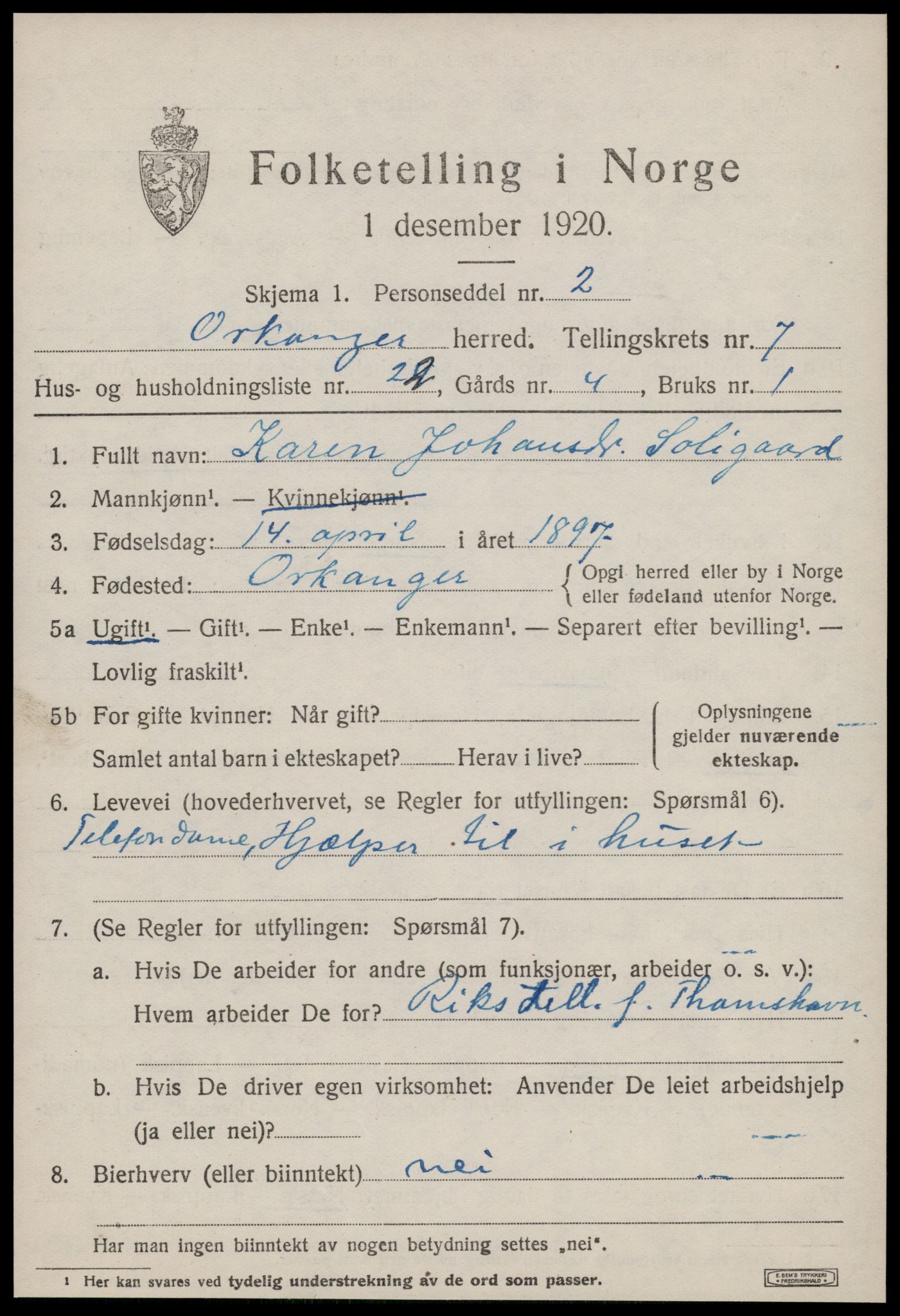 SAT, 1920 census for Orkanger, 1920, p. 3809