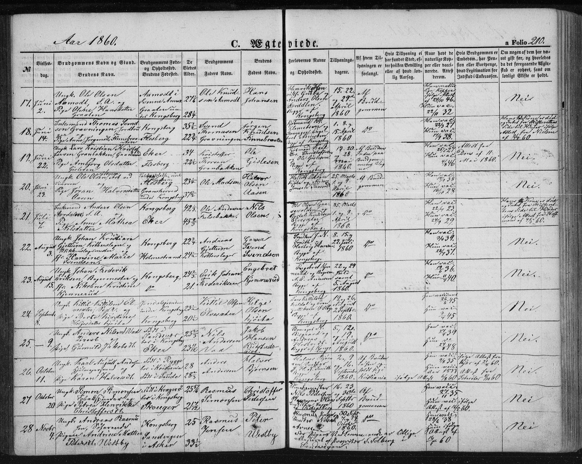 Kongsberg kirkebøker, SAKO/A-22/F/Fa/L0010: Parish register (official) no. I 10, 1859-1875, p. 210