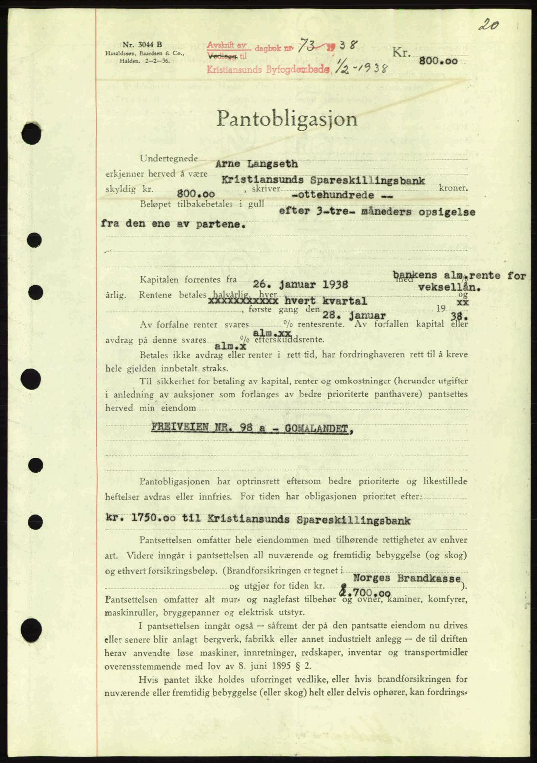Kristiansund byfogd, SAT/A-4587/A/27: Mortgage book no. 31, 1938-1939, Diary no: : 73/1938