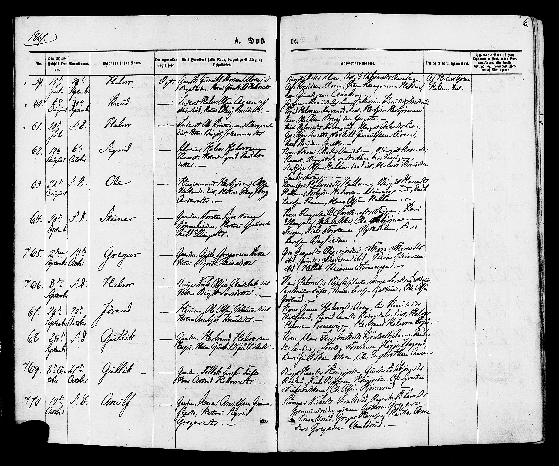 Nore kirkebøker, AV/SAKO-A-238/F/Fa/L0004: Parish register (official) no. I 4, 1867-1877, p. 6