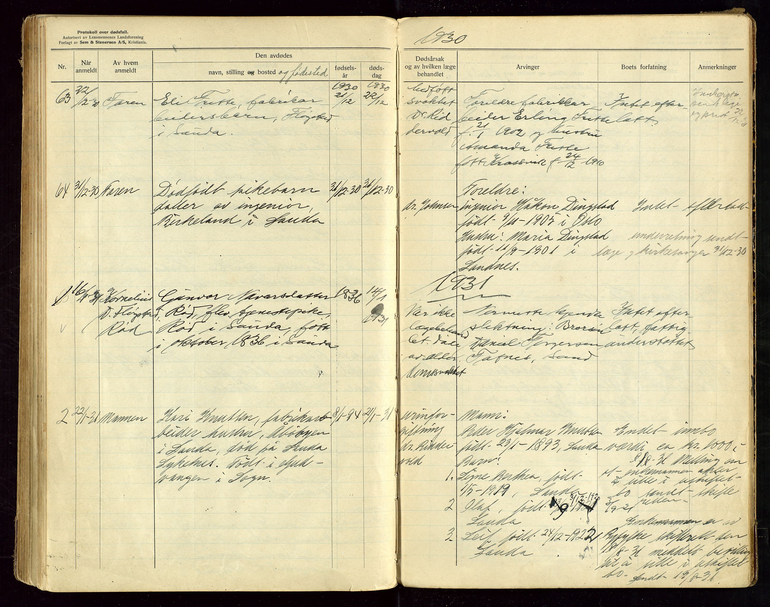 Sauda lensmannskontor, SAST/A-100177/Gga/L0002: "Protokoll over anmeldte dødsfall i Sauda lensmannsdistrikt", 1924-1931