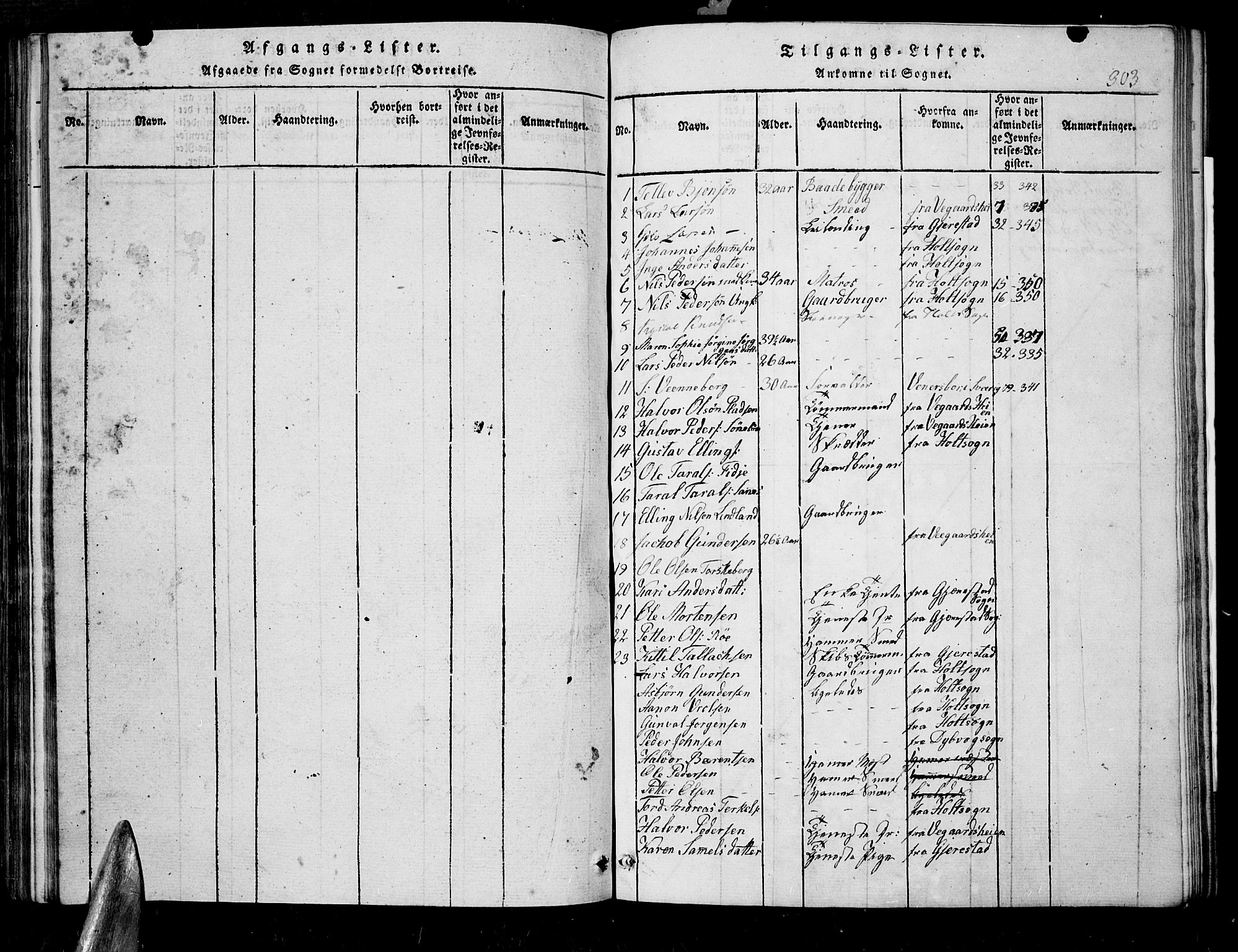 Søndeled sokneprestkontor, SAK/1111-0038/F/Fb/L0002: Parish register (copy) no. B 2, 1816-1839, p. 303