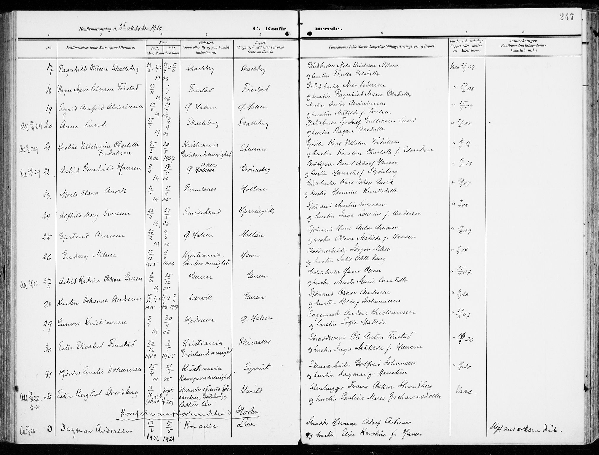 Tjølling kirkebøker, AV/SAKO-A-60/F/Fa/L0010: Parish register (official) no. 10, 1906-1923, p. 247